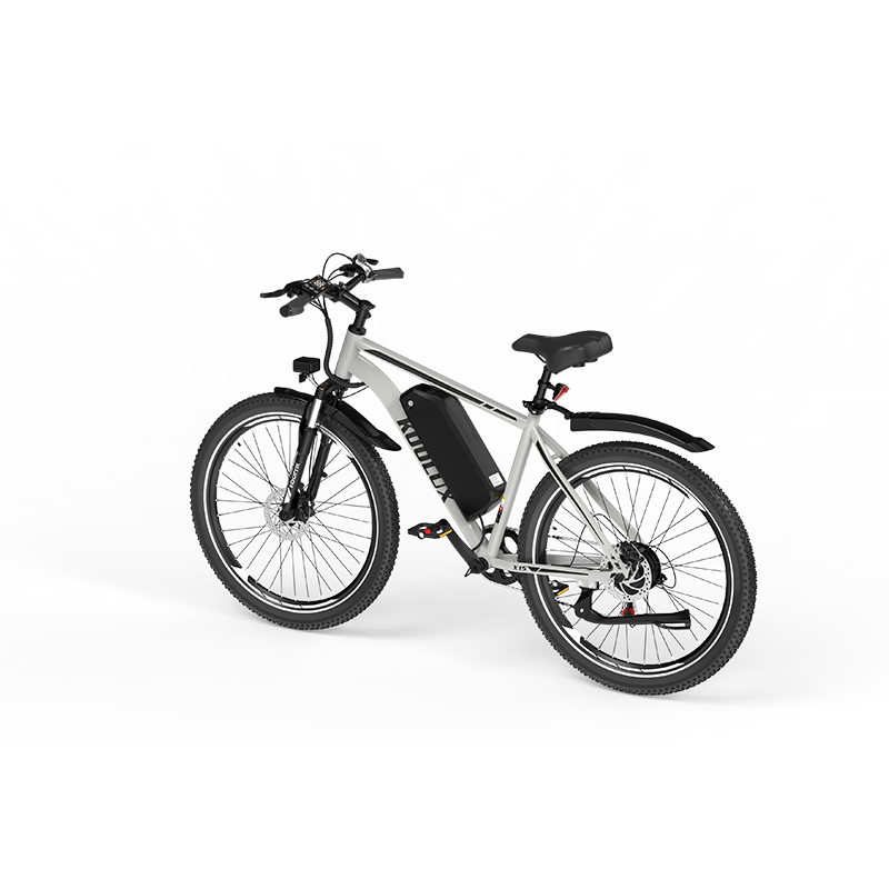 Ein silbernes E-Bike mit breiten Reifen und schwarzem Akku.