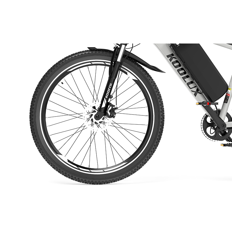 Detailansicht eines silbernen E-Bikes mit schwarzem Akku und Rad.