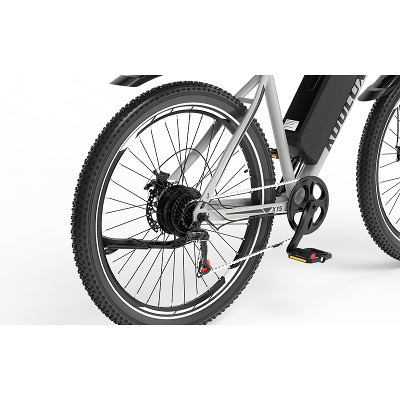 Nahaufnahme des Hinterrads und der Kette eines silbernen E-Bikes mit schwarzem Akku.