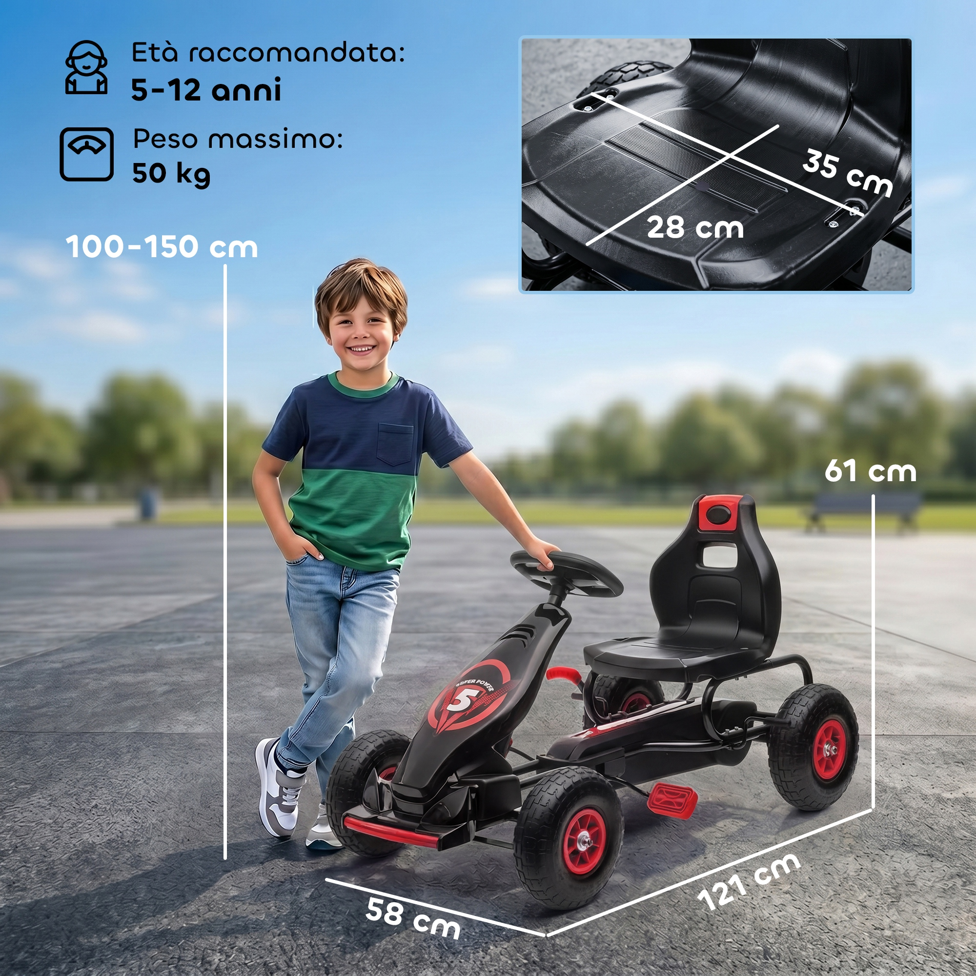 Un bambino accanto a un go-kart nero con accenti rossi. Vengono mostrate le dimensioni.