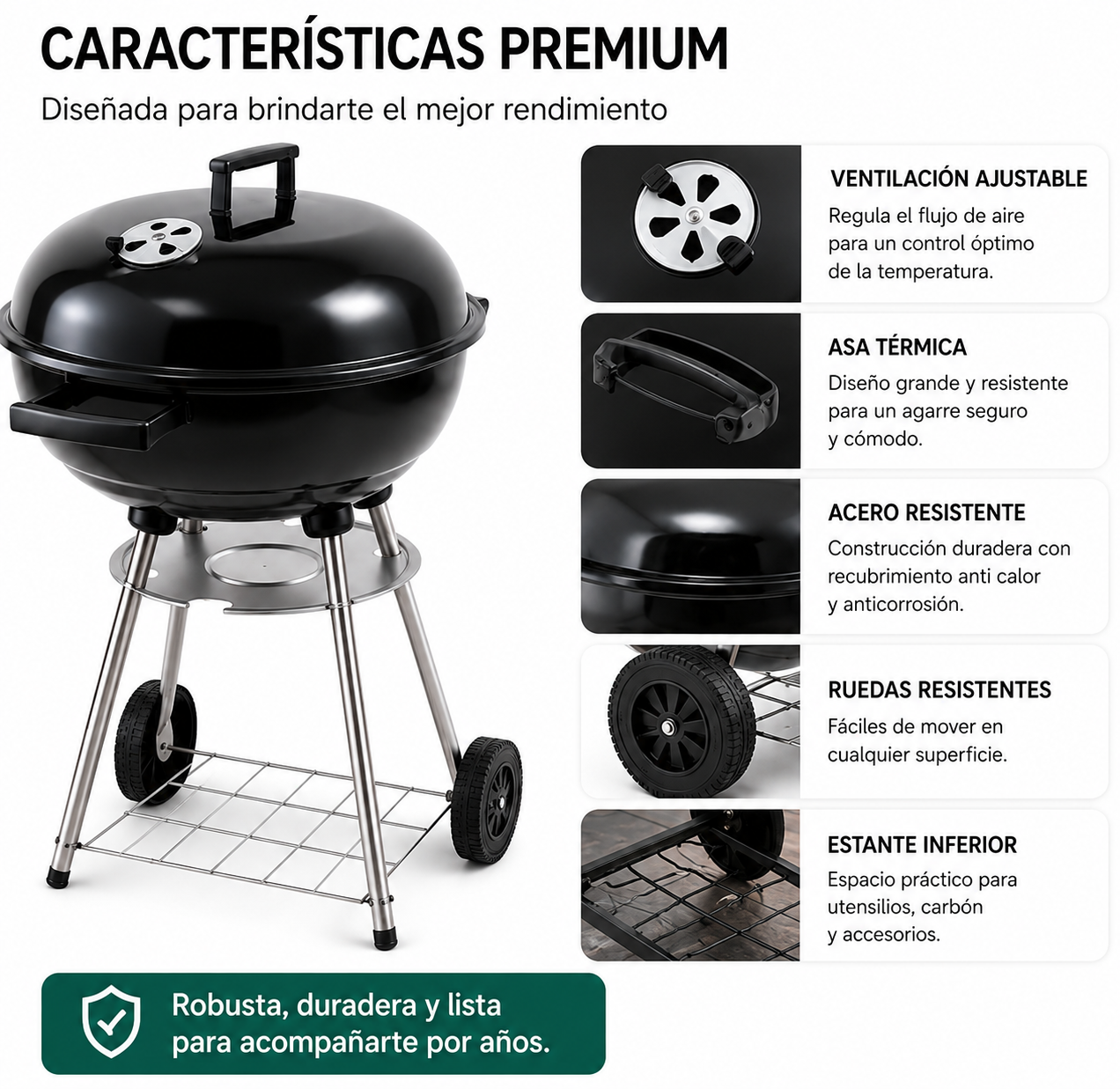 Parrilla negra con patas y ruedas plateadas, detalles de ventilación, asa, acero, ruedas y estante.
