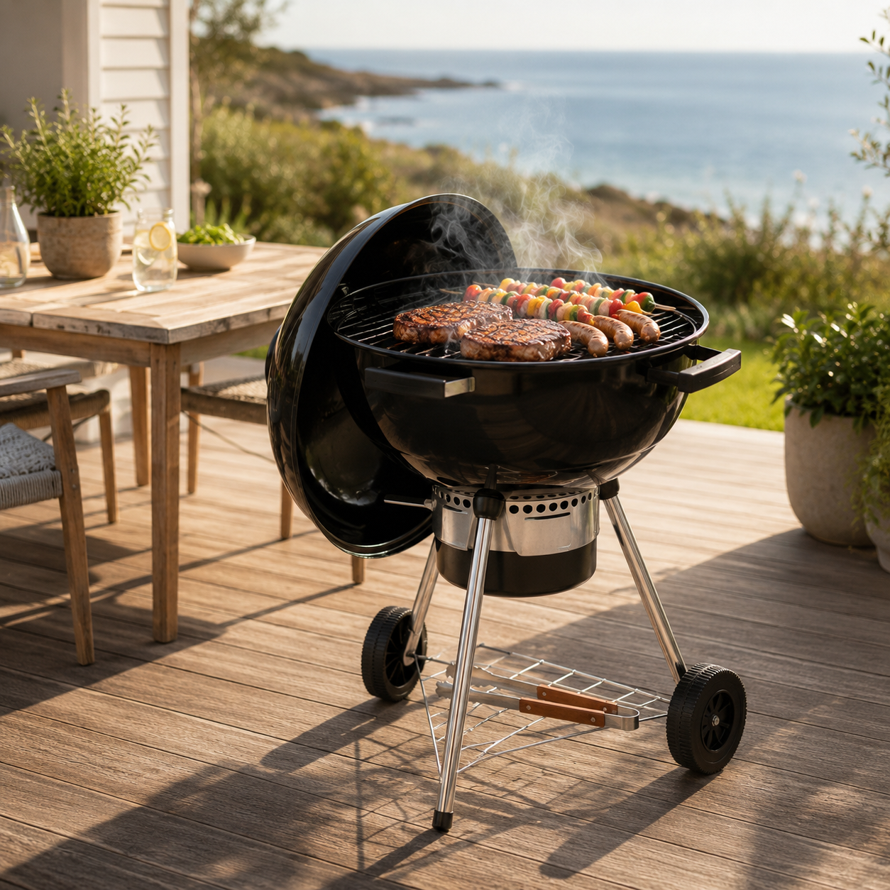 Una parrilla con filetes, salchichas y brochetas junto al mar.