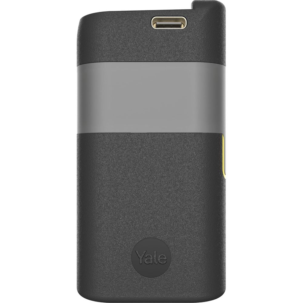Czarny brelok Yale z portem USB na górze i szarą opaską.