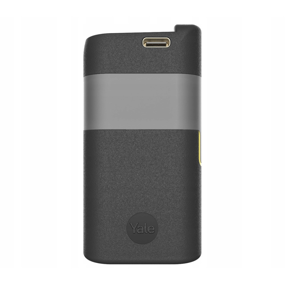 Ciemnoszare urządzenie Yale z szarym paskiem i portem USB-C.