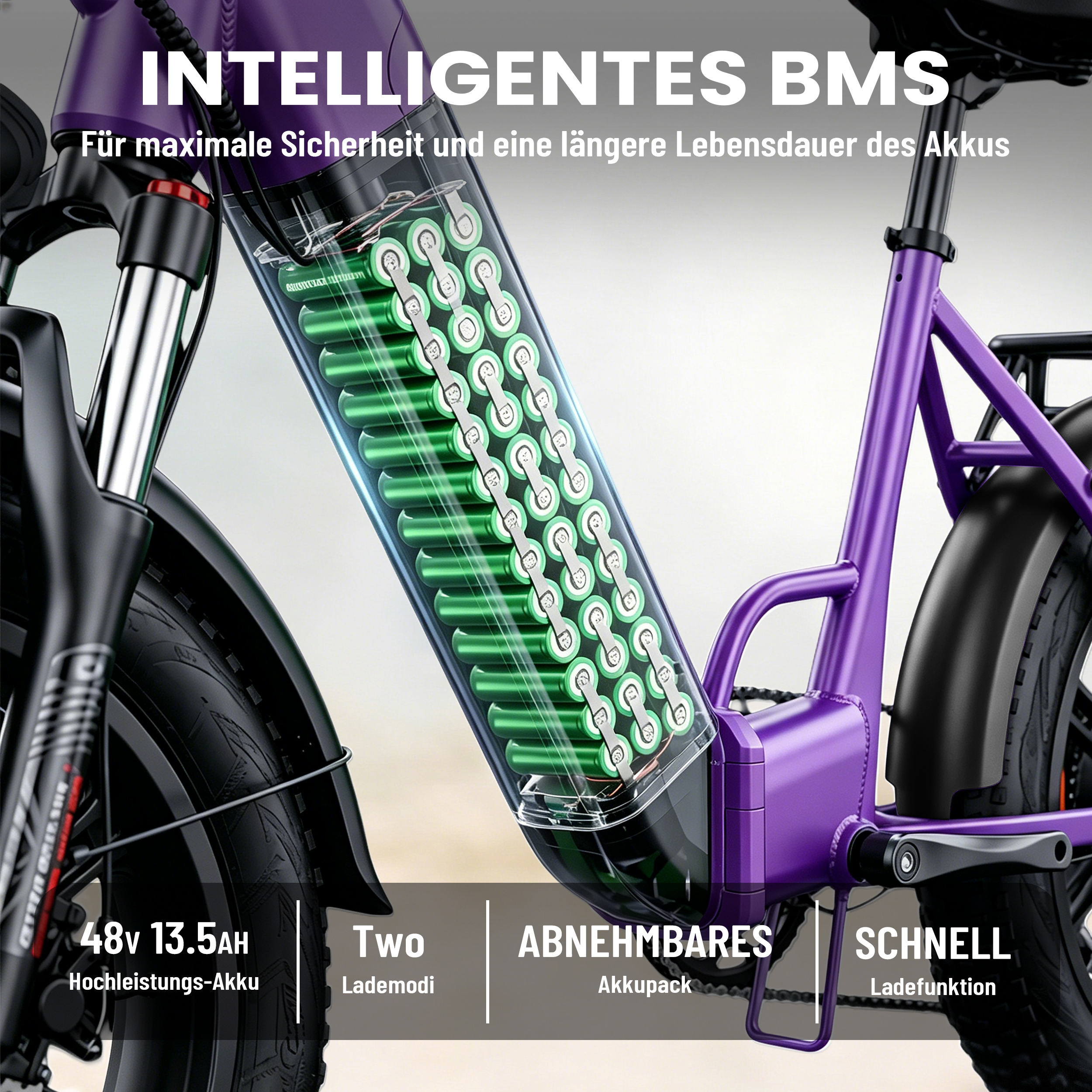 Lila E-Bike mit sichtbarem, herausnehmbarem Akku mit grünen Zellen.