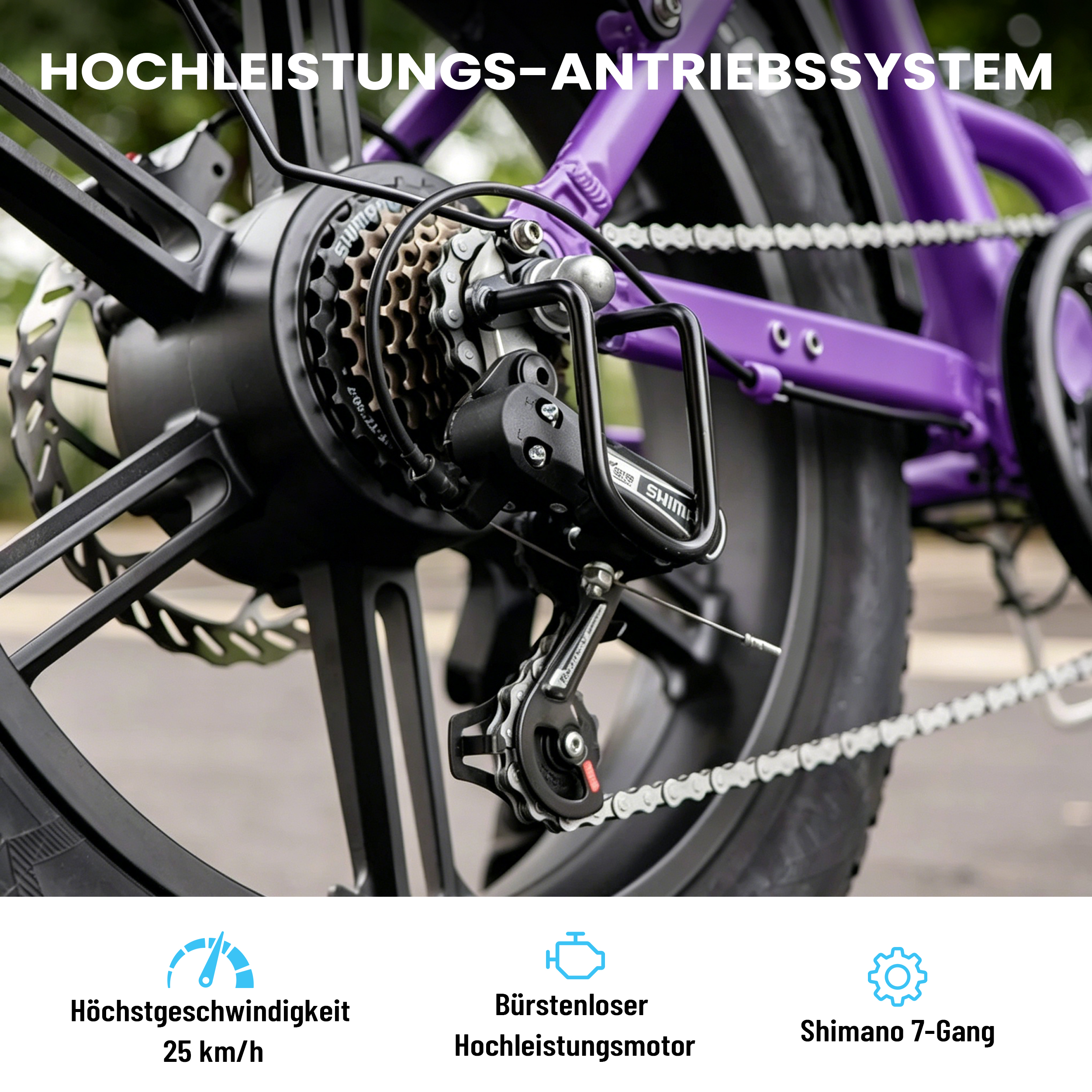 Nahaufnahme der Fahrradschaltung und des violetten Rahmens. Unten sind Icons.