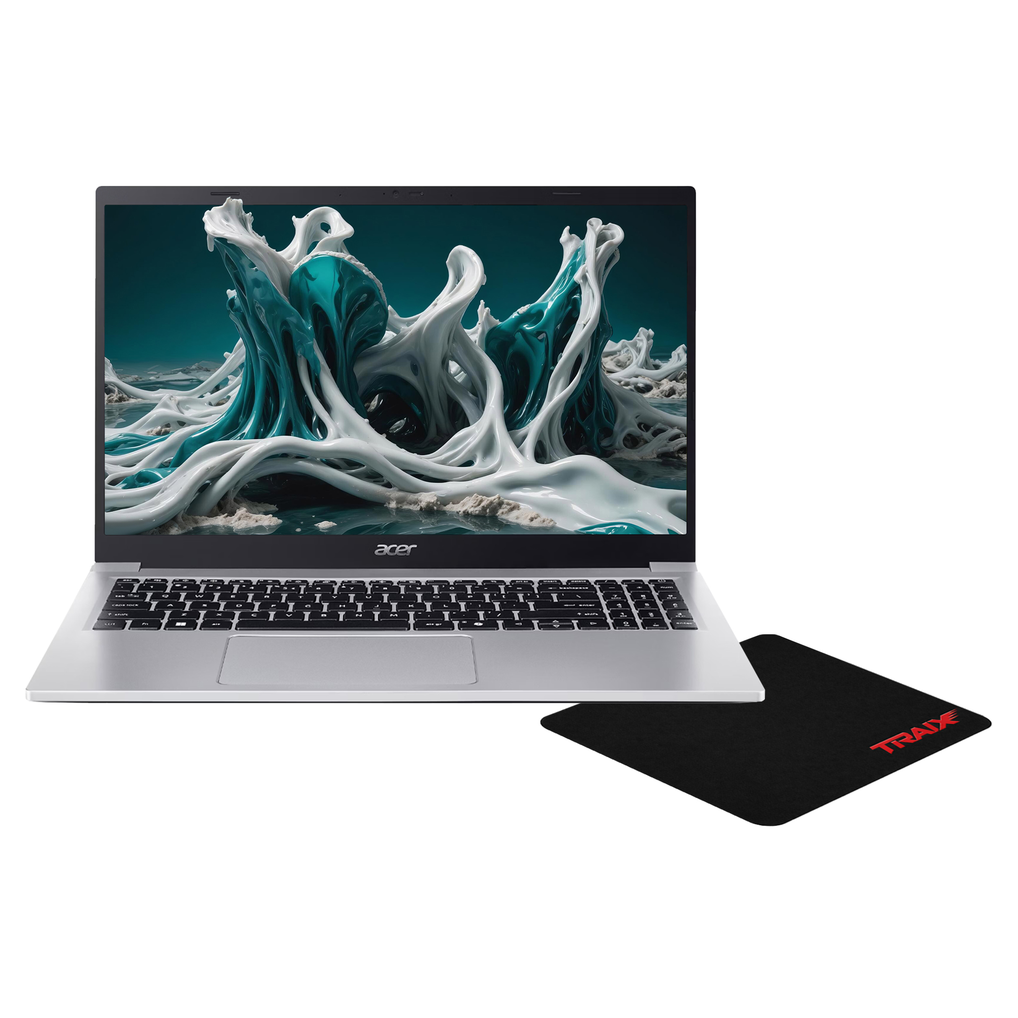 Gümüş rengi Acer dizüstü bilgisayar, soyut mavi ve beyaz duvar kağıdı gösteriyor. Yanında siyah fare altlığı var.