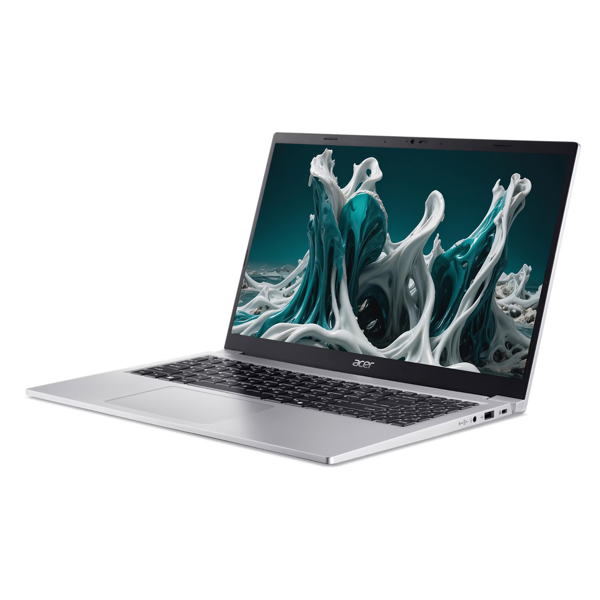 Ekranında soyut, akıcı bir arka planı olan gümüş rengi Acer dizüstü bilgisayar.