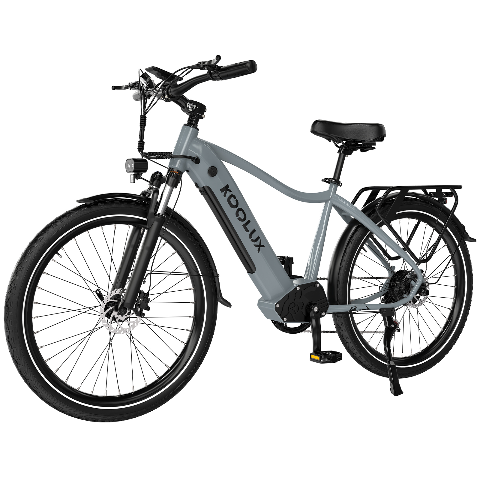 Ein graues E-Bike mit schwarzem Gepäckträger, Sattel und Reifen.