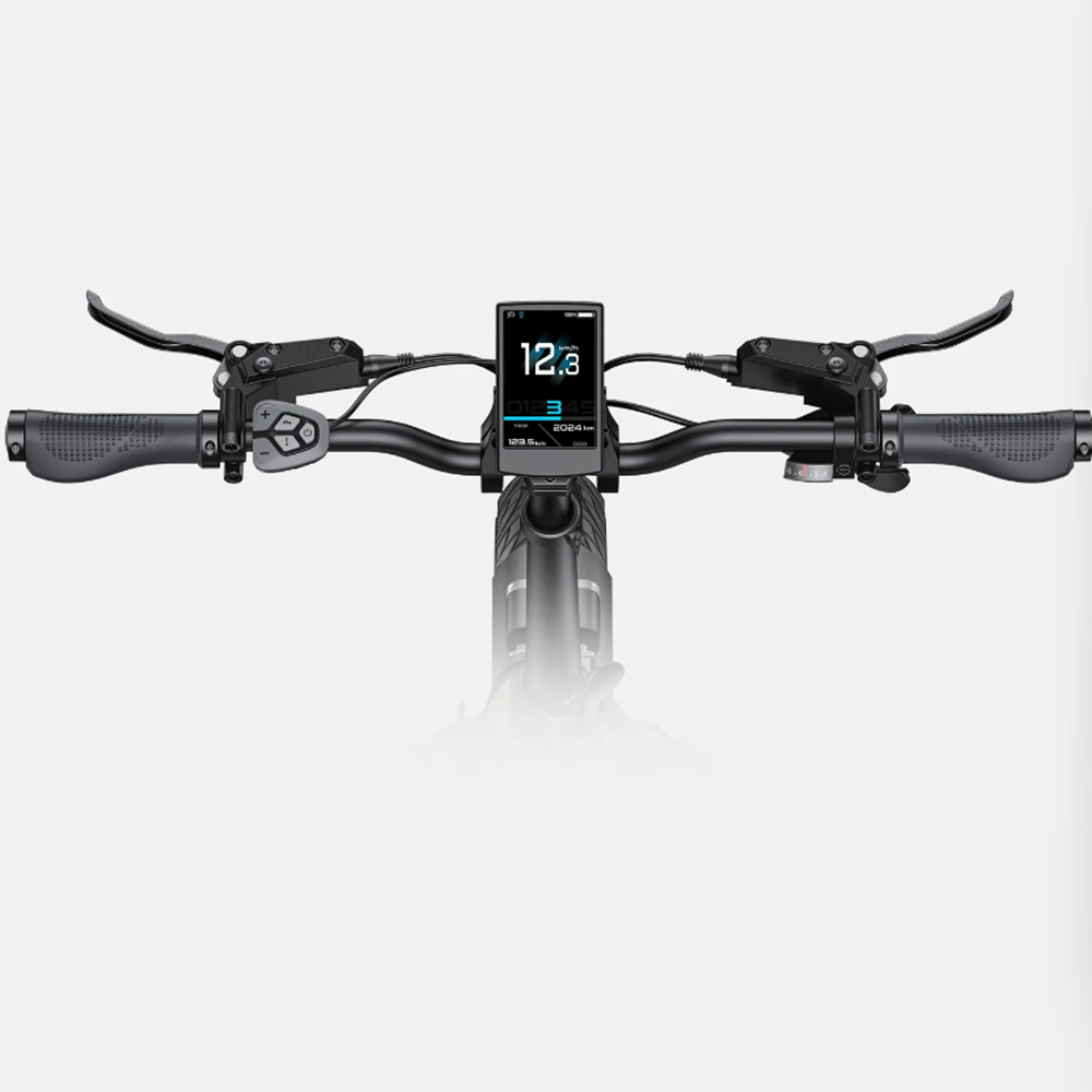 Fahrradlenker mit digitalem Display, Griffen und Bremsen.
