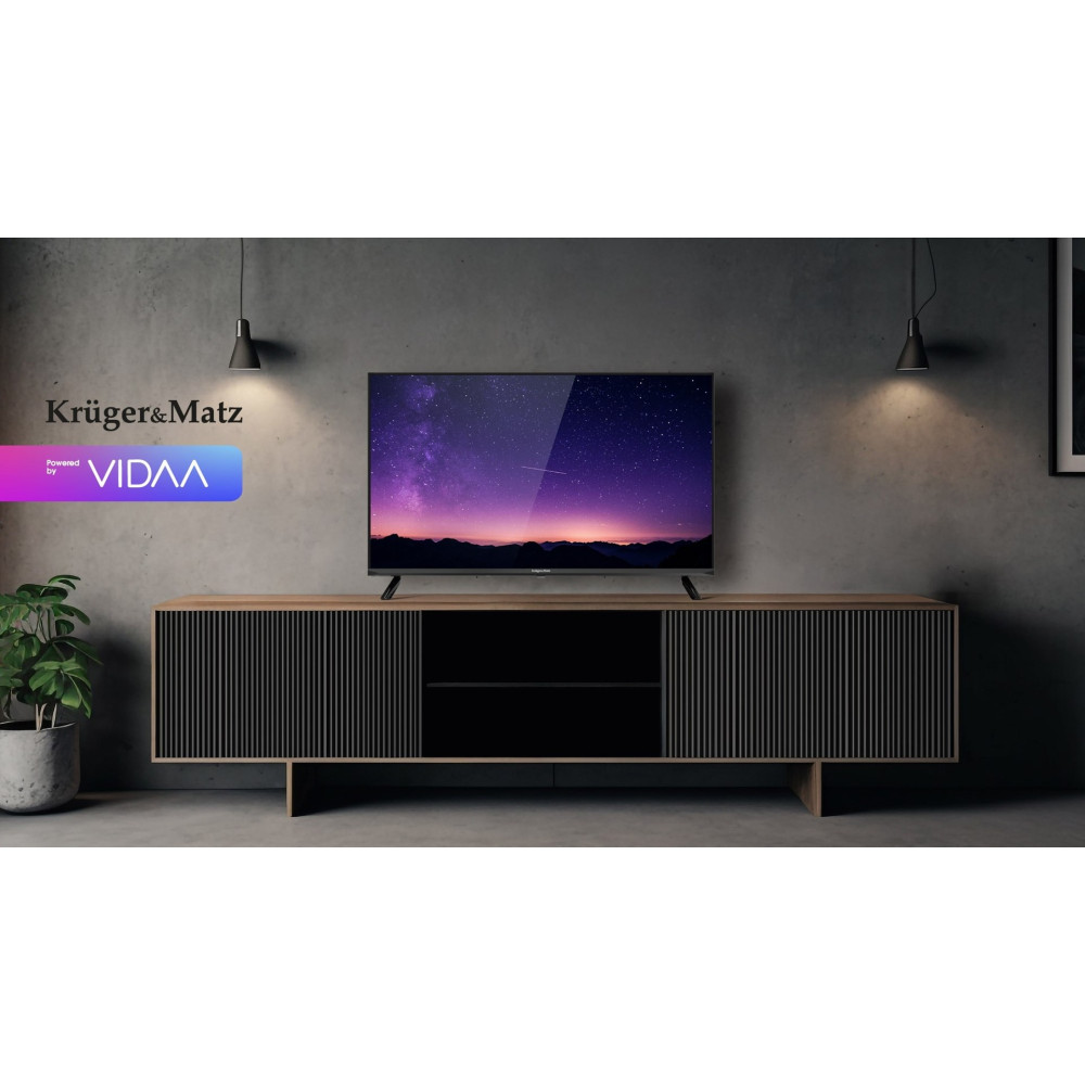 Nowoczesny telewizor z gwiaździstym niebem na drewnianej szafce.
