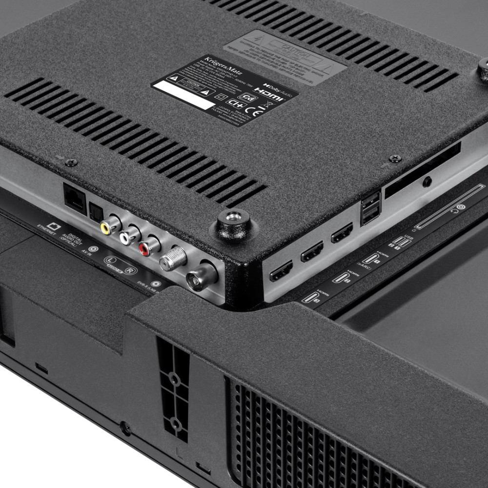 Tył telewizora z portami: HDMI, USB, Ethernet i złączami audio.
