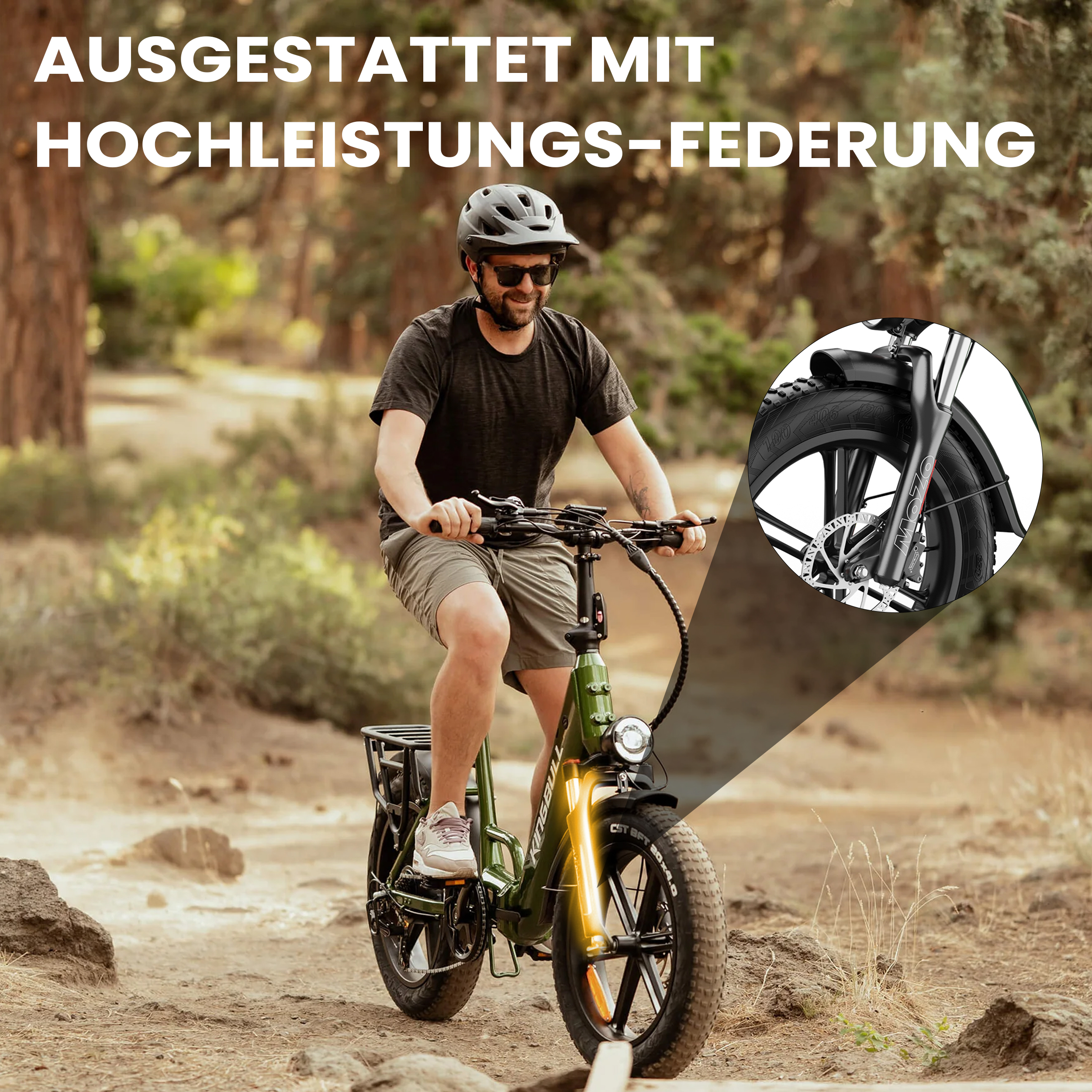 Mann fährt ein grünes E-Bike im Wald mit Zoom auf die Vorderradfederung.