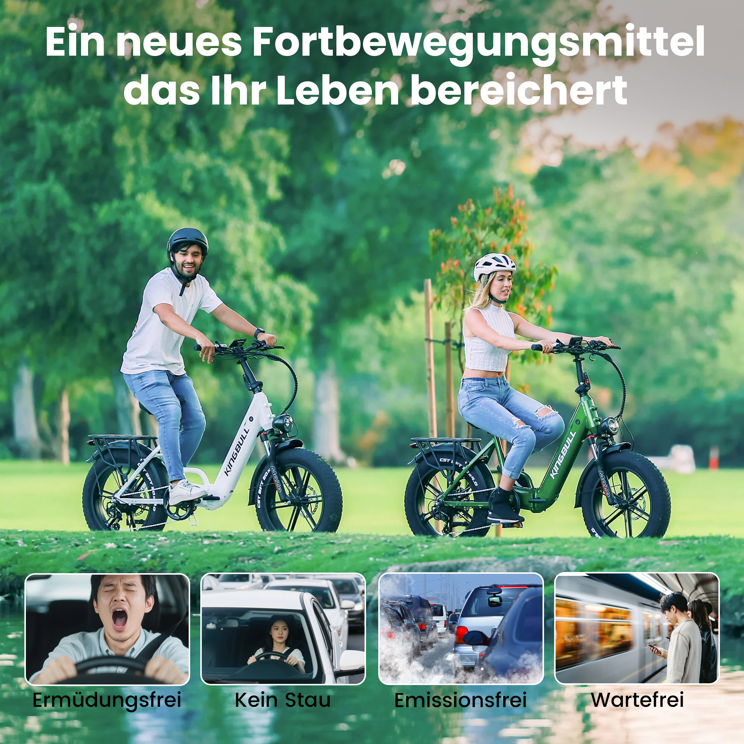Ein Mann und eine Frau fahren E-Bikes in einer grünen Parklandschaft.