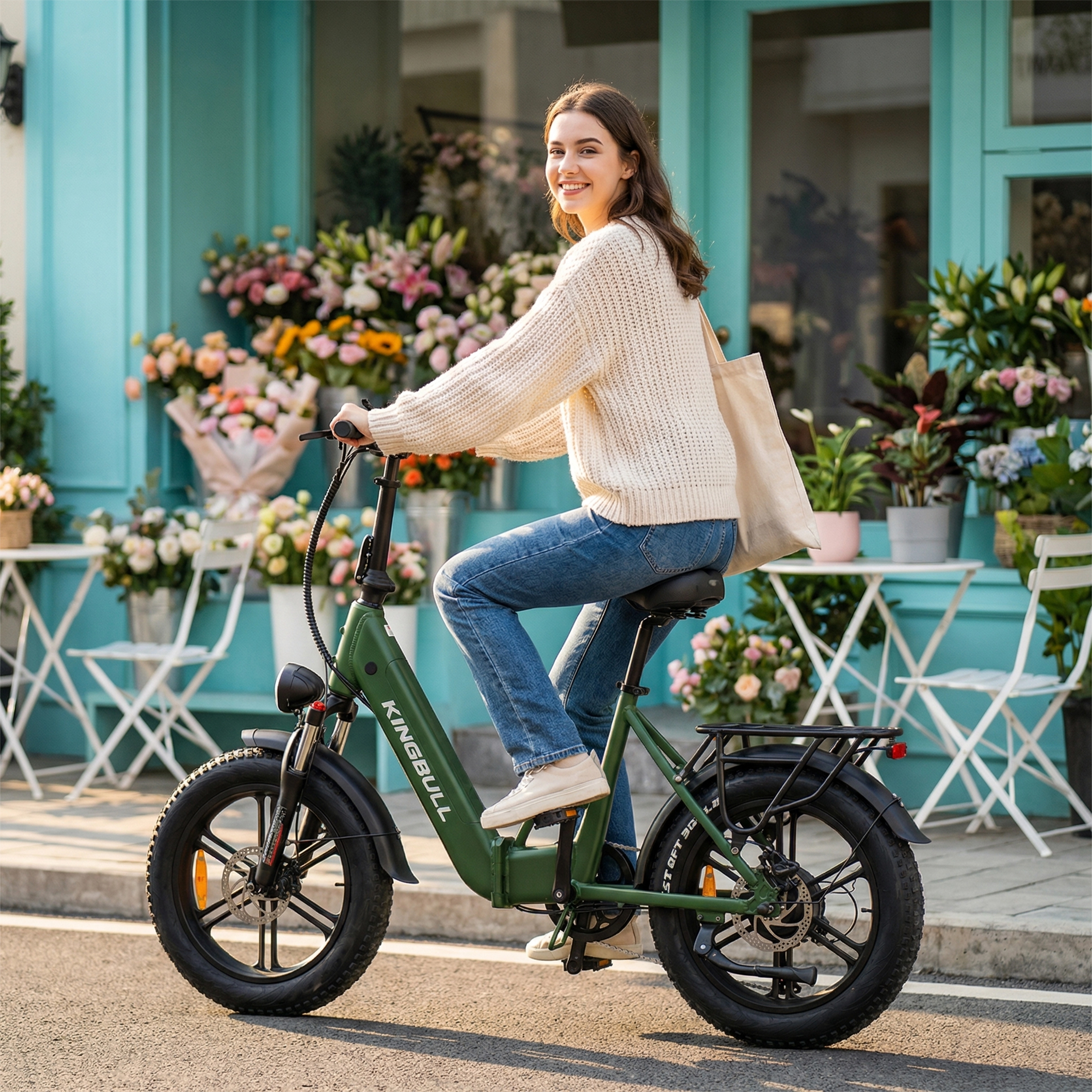 Eine Frau fährt ein grünes E-Bike auf einer Straße vor einem blauen Gebäude mit Blumen.