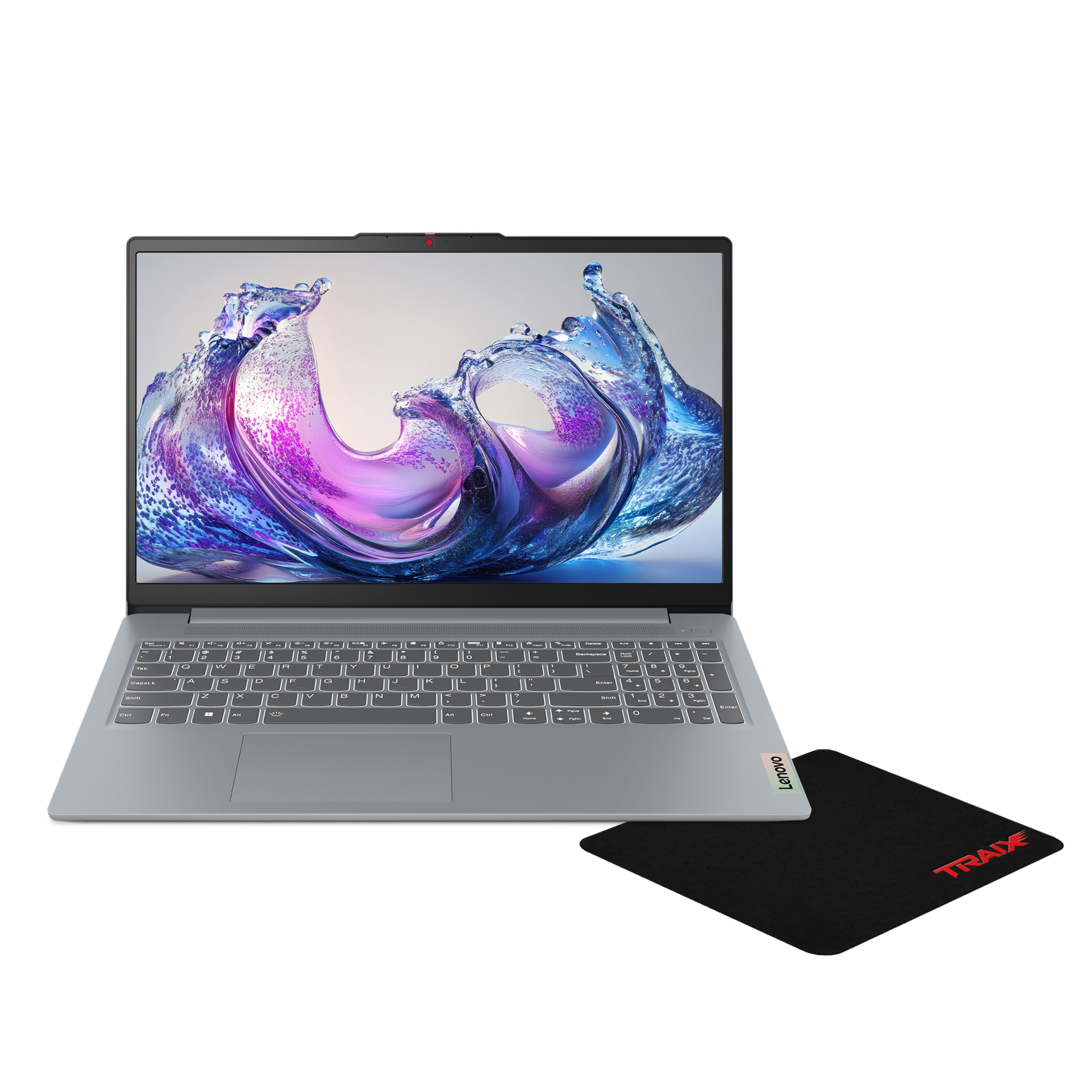 Renkli sıçrama ekranlı gümüş Lenovo dizüstü bilgisayar ve siyah fare altlığı.