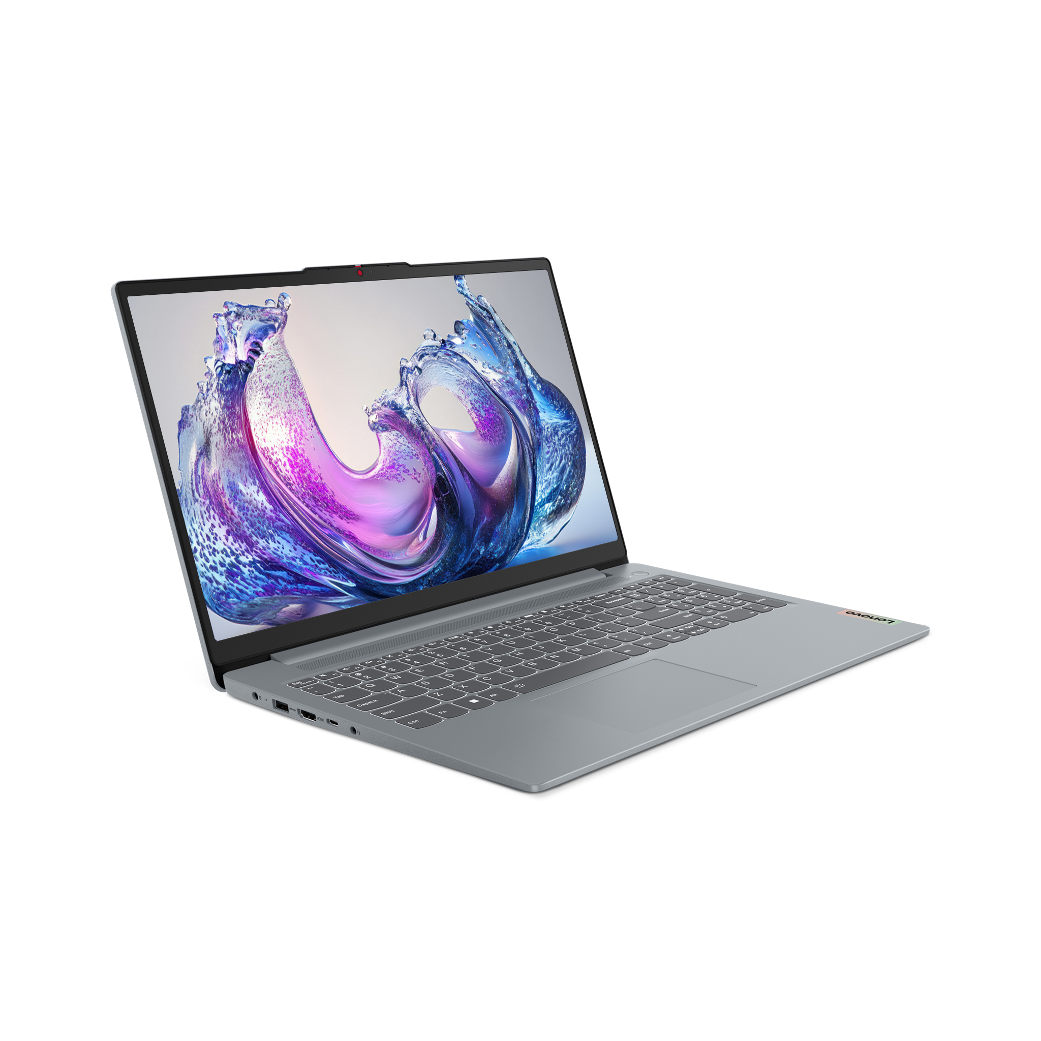 Ekranında renkli su sıçrama duvar kağıdı bulunan gri bir Lenovo dizüstü bilgisayar.
