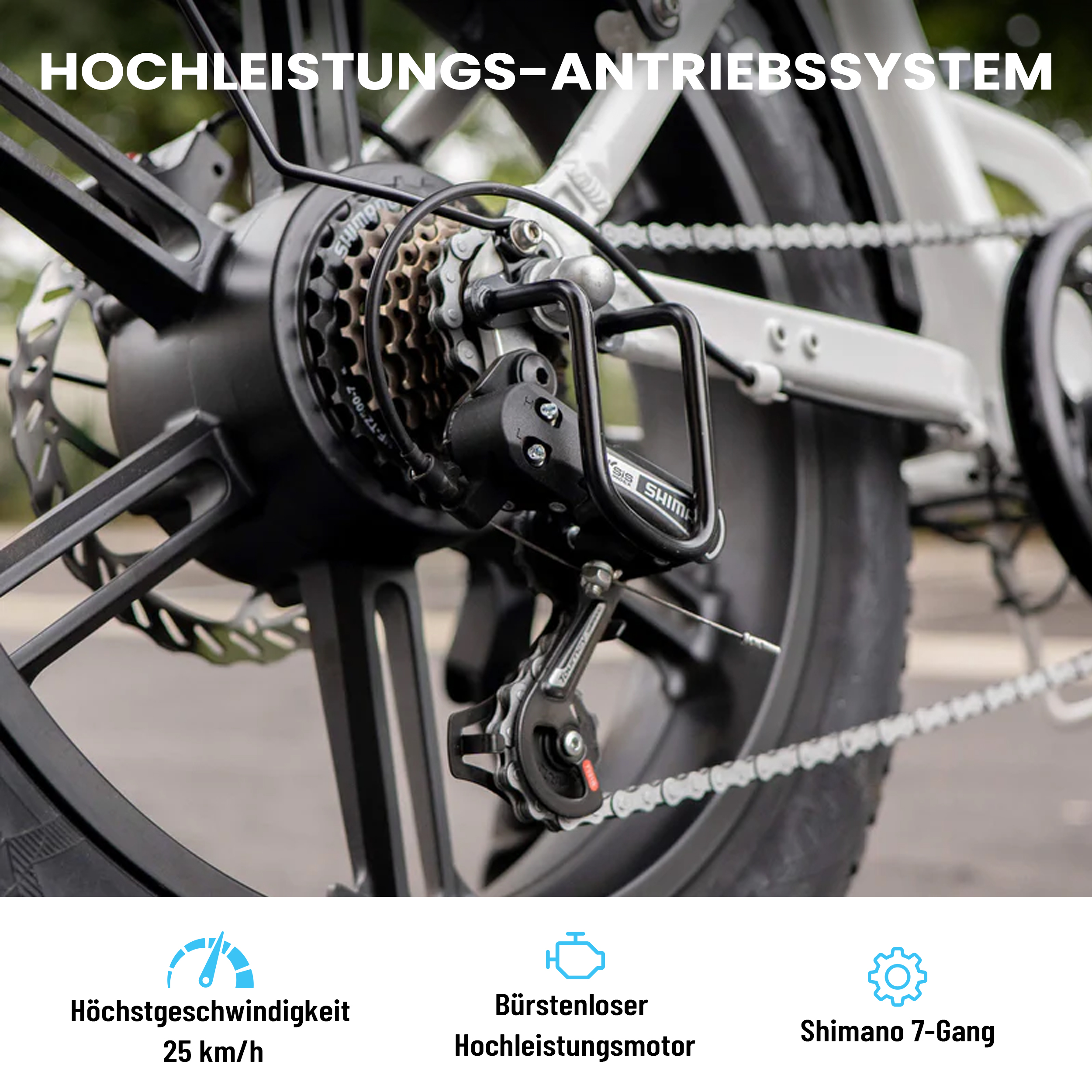 Nahaufnahme des Fahrrad-Antriebsstrangs mit Schaltung und Kette.