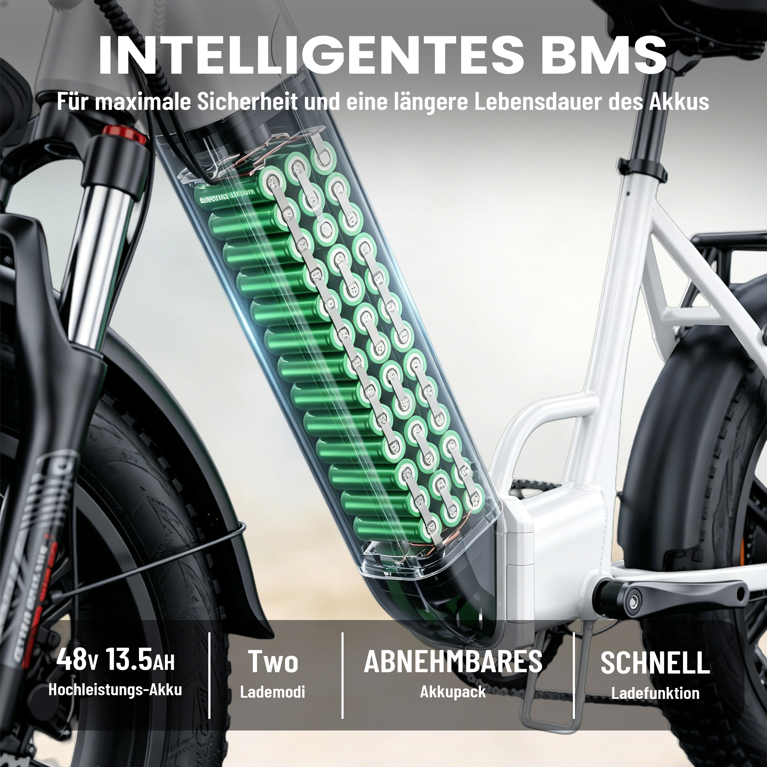 Nahaufnahme eines E-Bike-Akkus mit vielen grünen Zellen im Inneren, 48V 13,5AH.