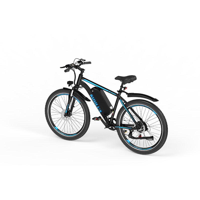 Schwarzes E-Bike mit blauen Akzenten und breiten Reifen auf weißem Hintergrund.