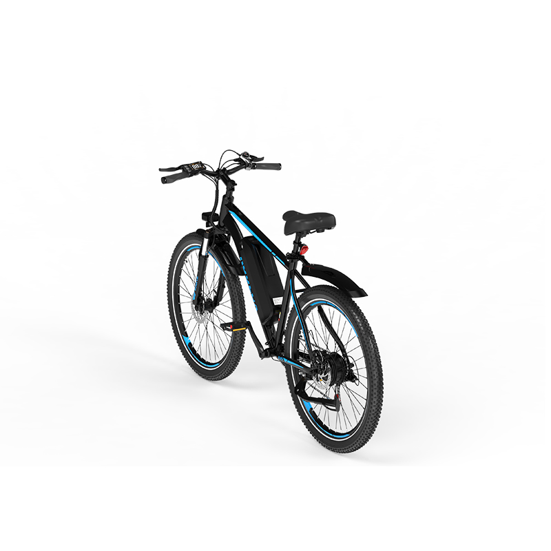 Schwarzes E-Bike mit blauen Akzenten, auf weißem Hintergrund.