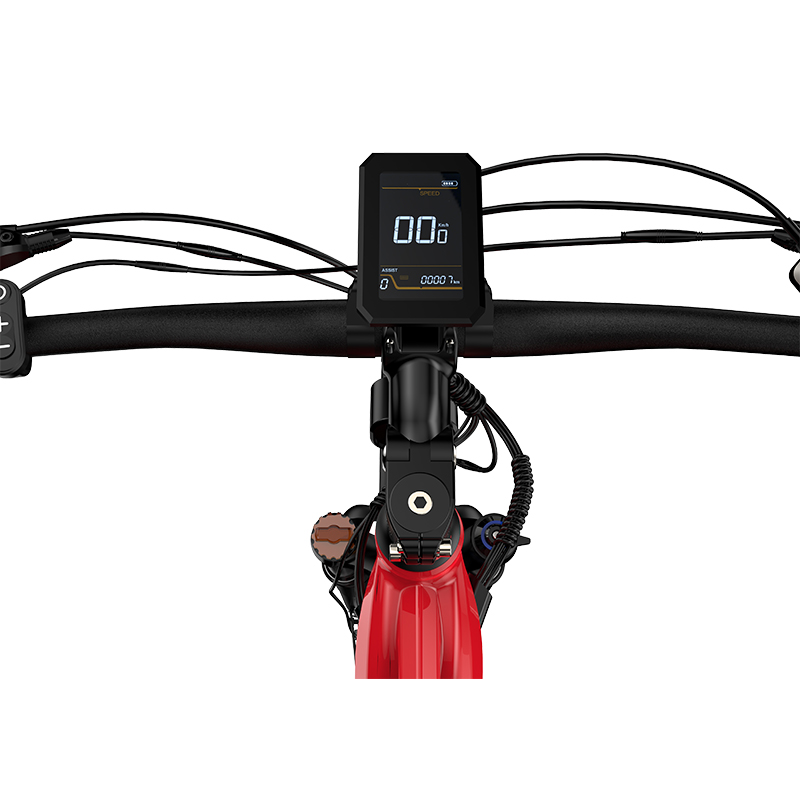 Fahrradlenker mit digitalem Display, das Geschwindigkeit und Assistenz anzeigt.
