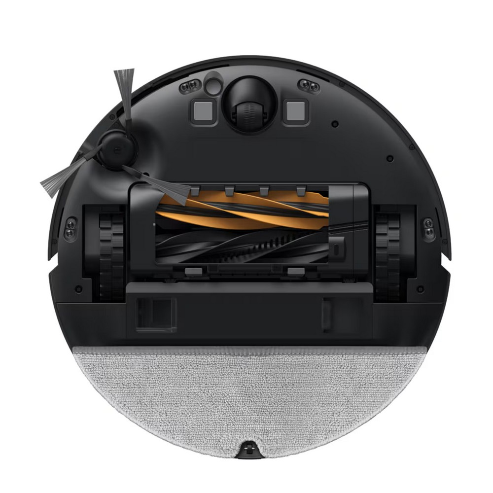 Parte inferior de un robot aspirador negro con cepillos, ruedas y un módulo de cepillo principal naranja.