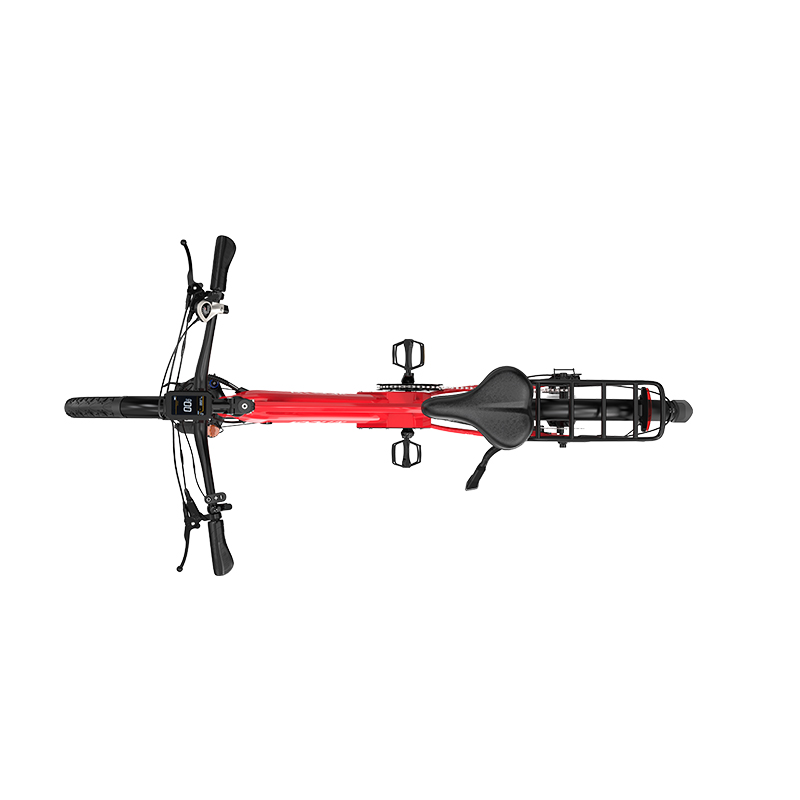Rotes Fahrrad von oben mit Gepäckträger und Display.