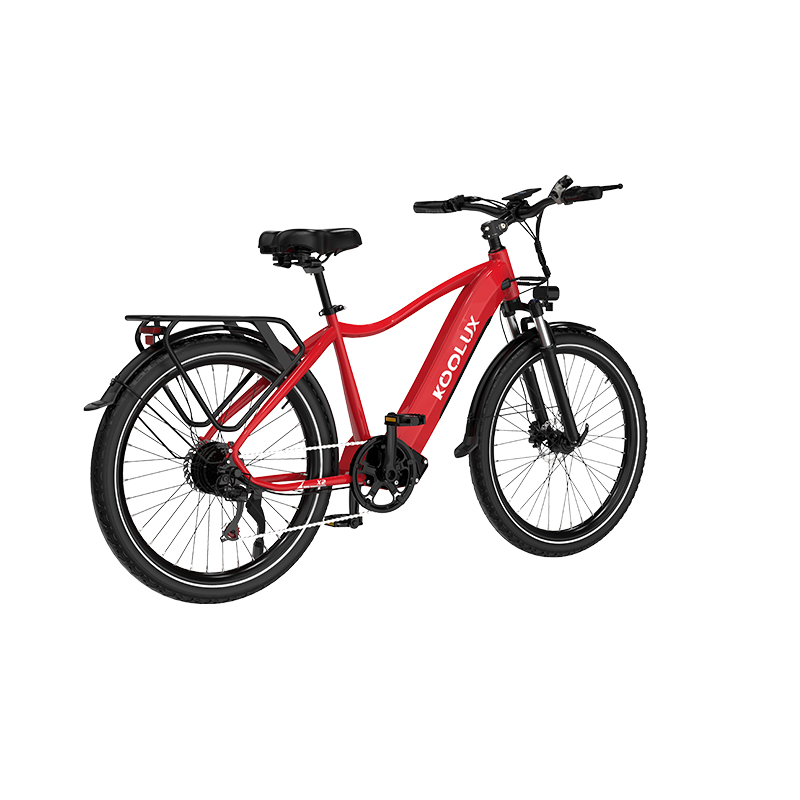 Ein rotes E-Bike mit schwarzem Gepäckträger und Schutzblechen.