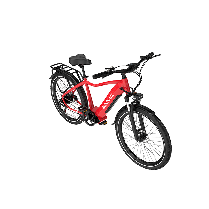 Ein rotes E-Bike mit schwarzen Schutzblechen, Sitz und Reifen. Es hat einen Gepäckträger.
