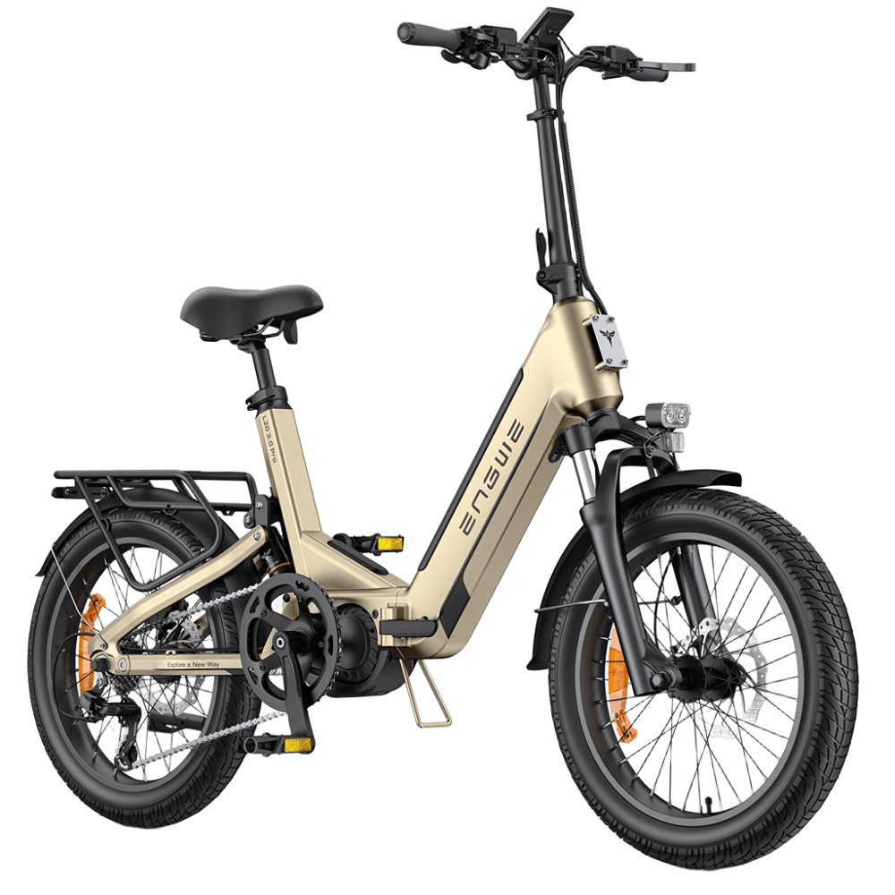 Ein goldener E-Bike-Roller mit schwarzen Reifen, Gepäckträger und Scheinwerfer.