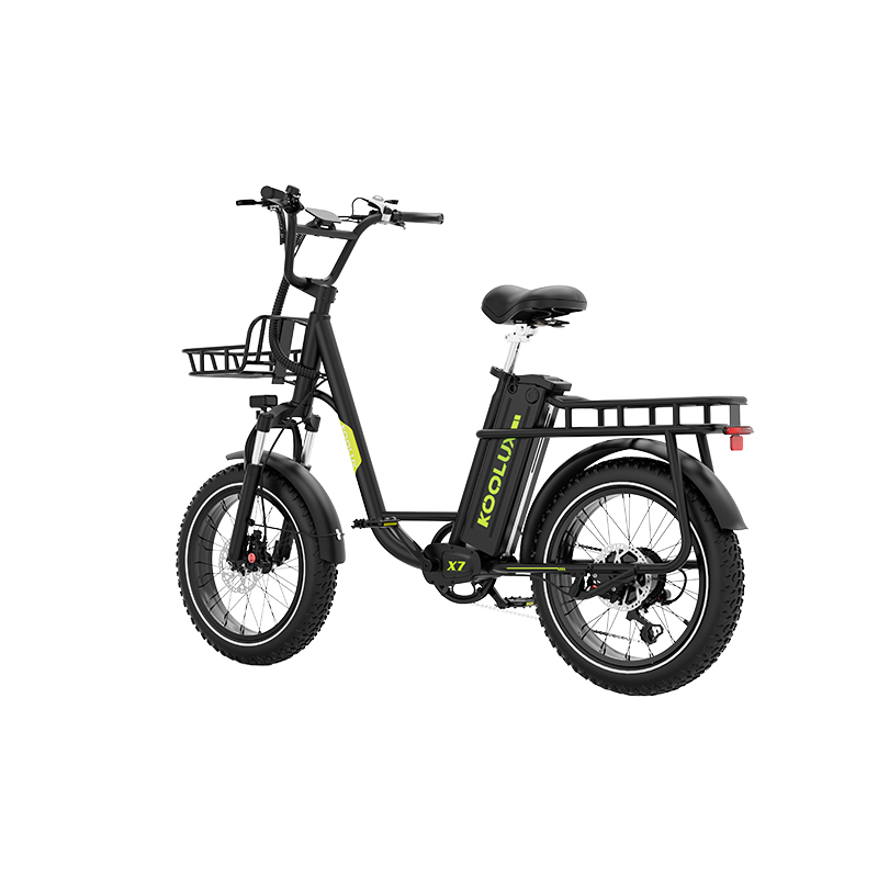 Ein schwarzes E-Bike mit breiten Reifen, Vorderradkorb und Gepäckträger.