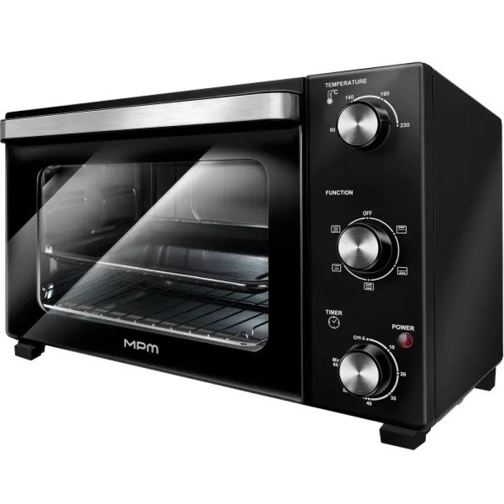 Forno compatto nero con porta in vetro, controlli di temperatura, funzione e timer.