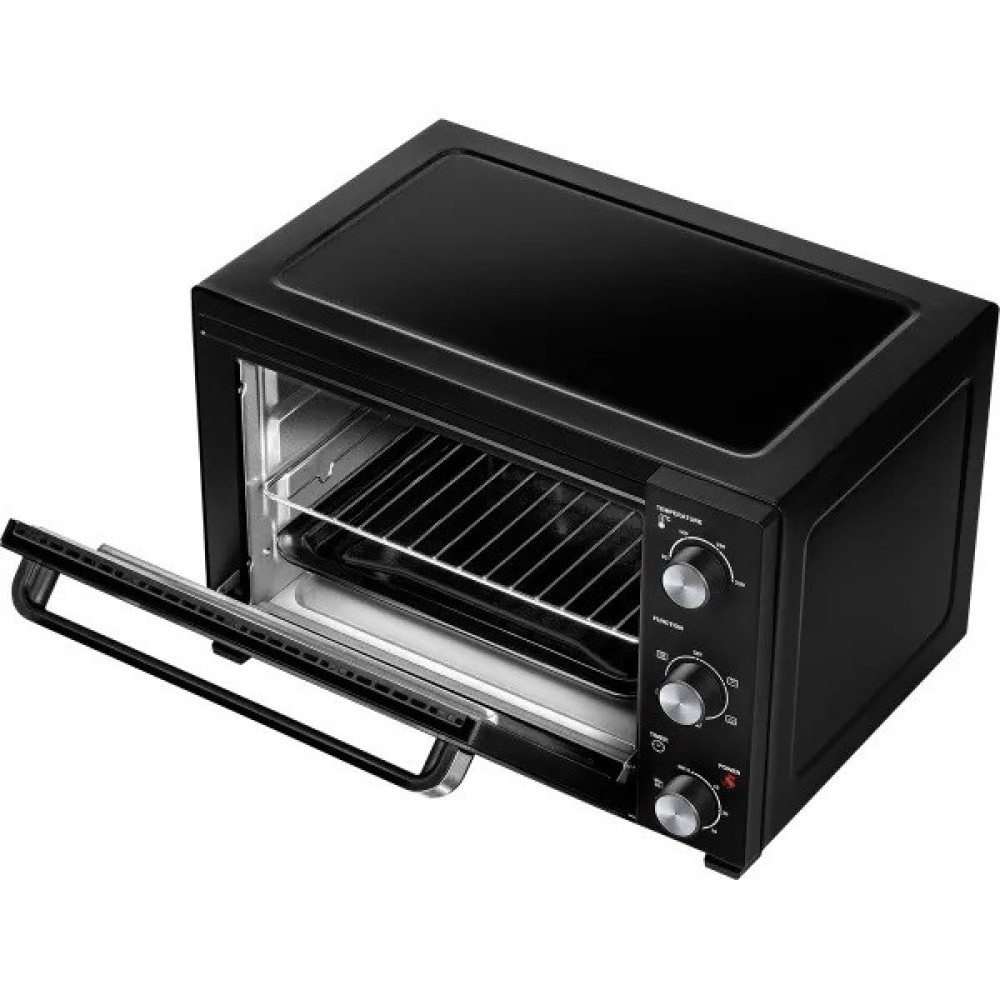 Forno nero con porta aperta, mostra griglia e teglia. Manopole di controllo sul lato.