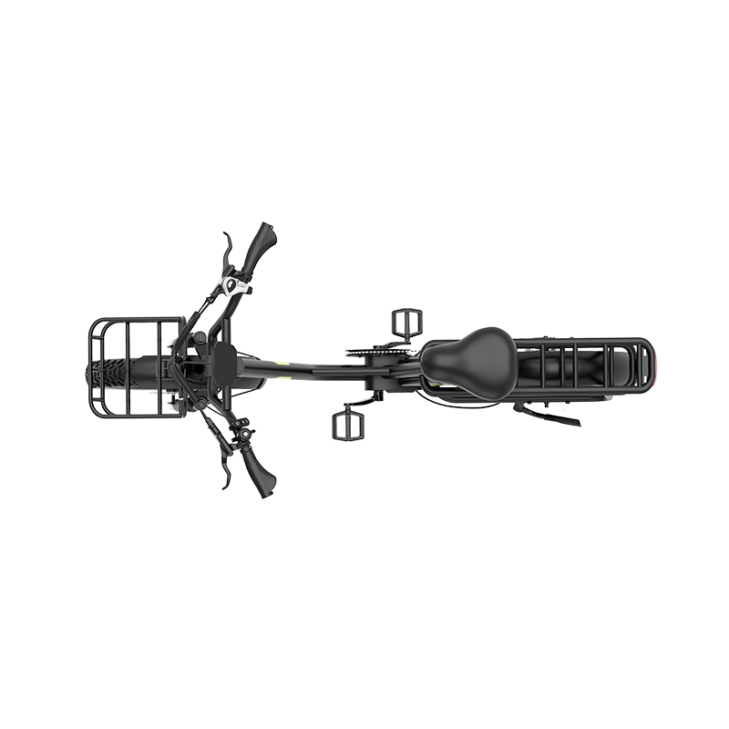 Schwarzes Fahrrad mit Gepäckträgern vorne und hinten, von oben gesehen.