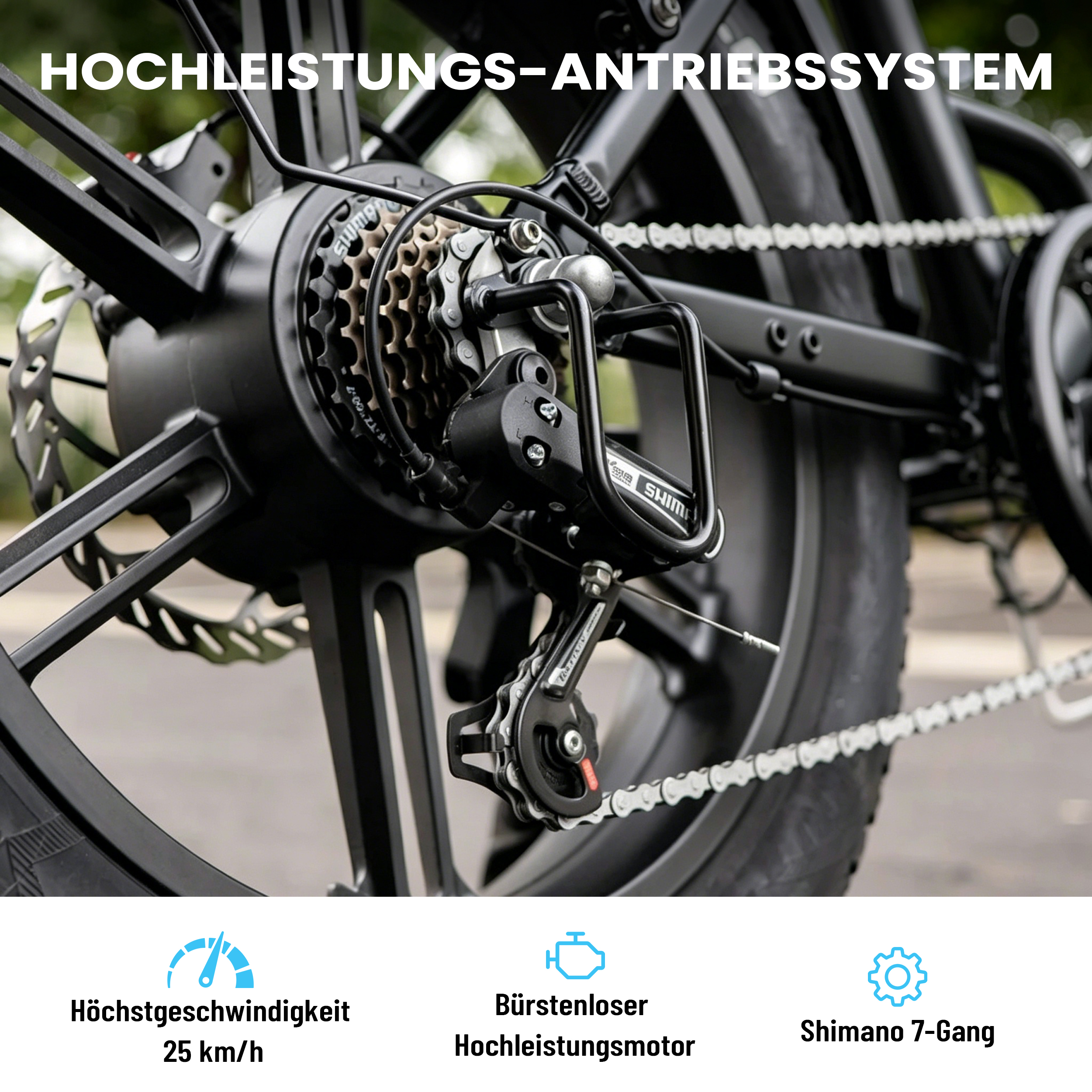 Nahaufnahme des Fahrradgetriebes mit Kette und Ritzeln. Text über Leistung.