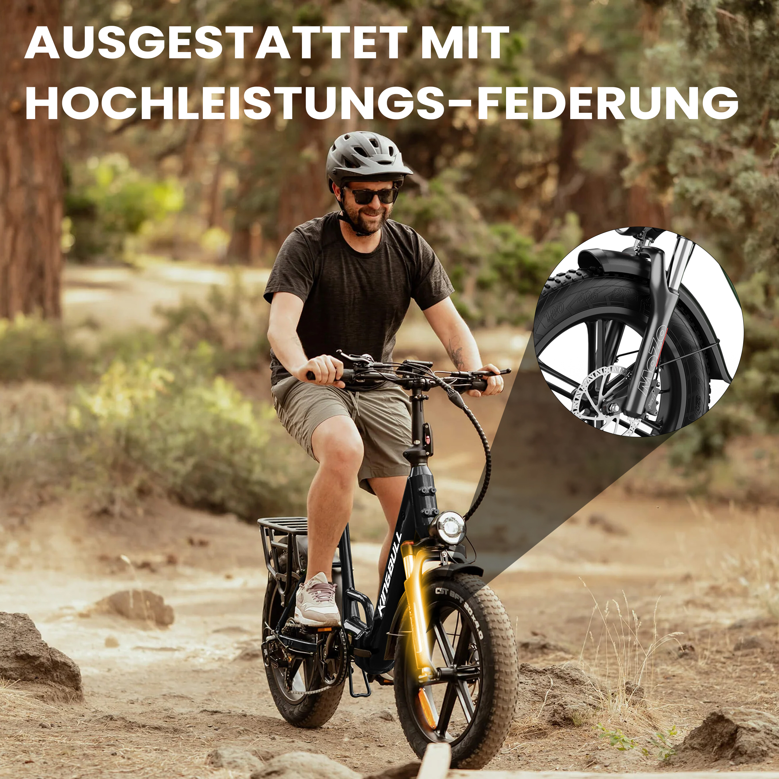 Mann fährt E-Bike im Wald, Nahaufnahme der Vorderradfederung.