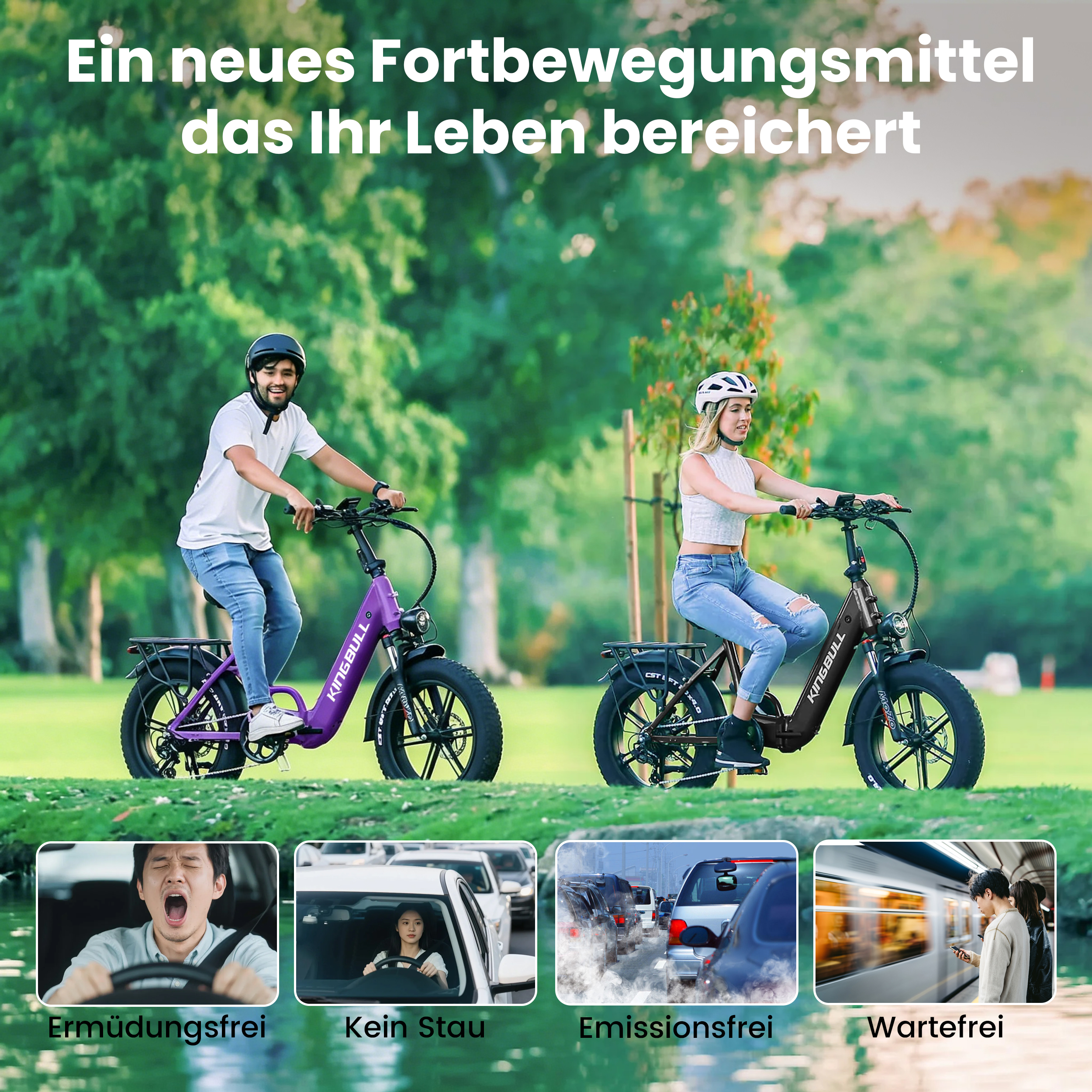 Mann und Frau auf E-Bikes, unten vier Bilder: Gähnen, Stau, Abgase, Bahnsteig.