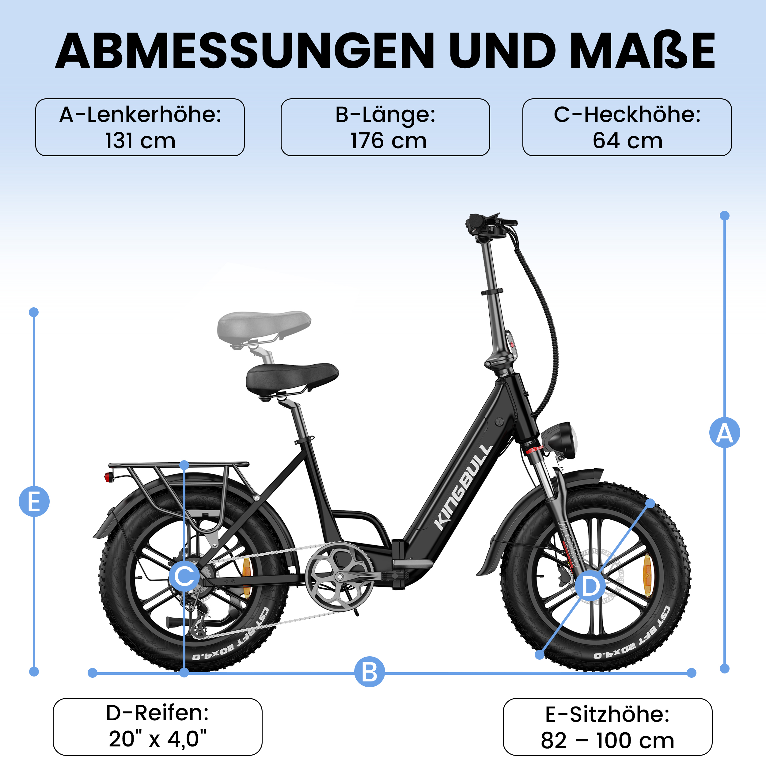 Ein schwarzes E-Bike mit Maßen A:131cm, B:176cm, C:64cm, D:20x4 Zoll, E:82-100cm.