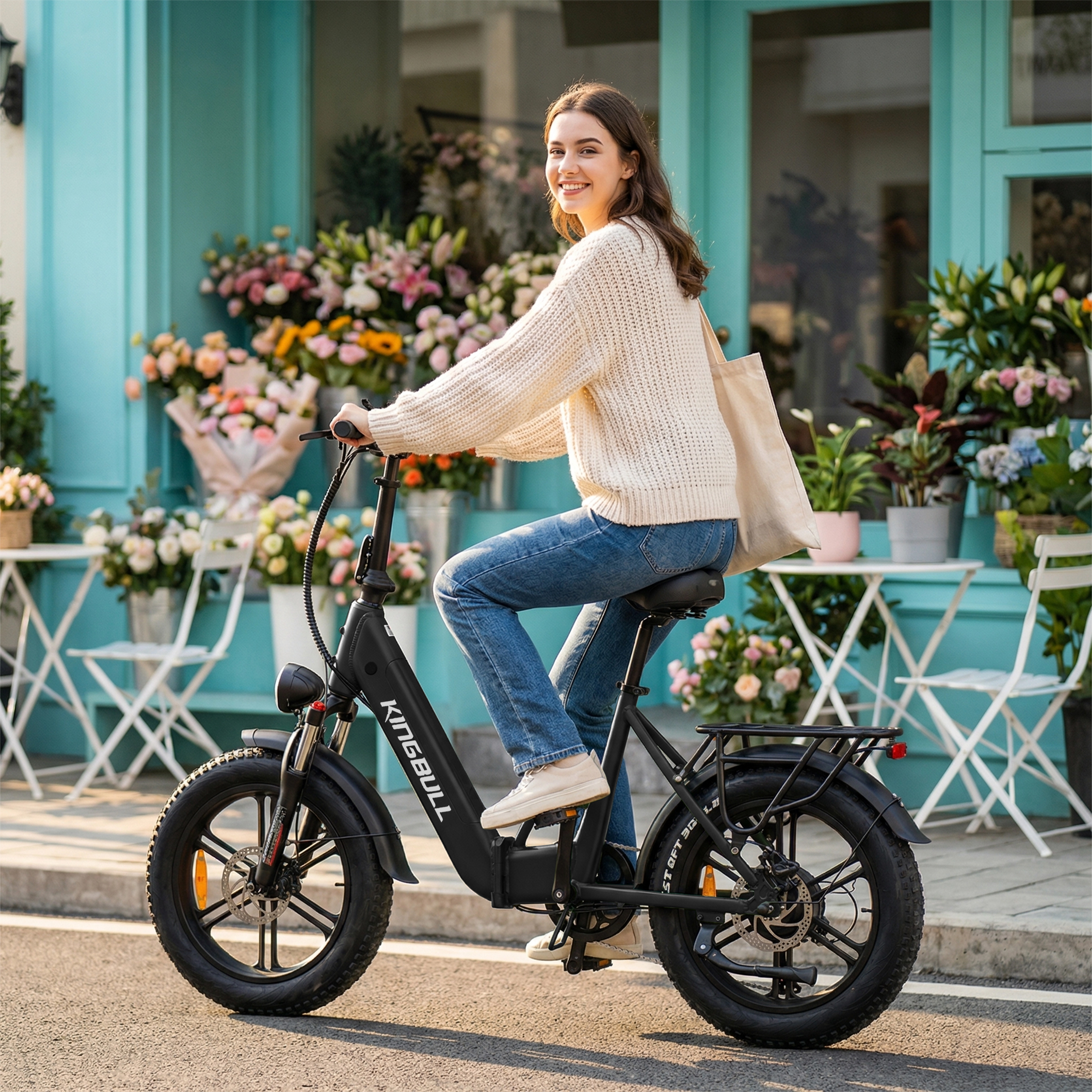 Eine Frau fährt ein schwarzes E-Bike vor einem Laden mit Blumen.