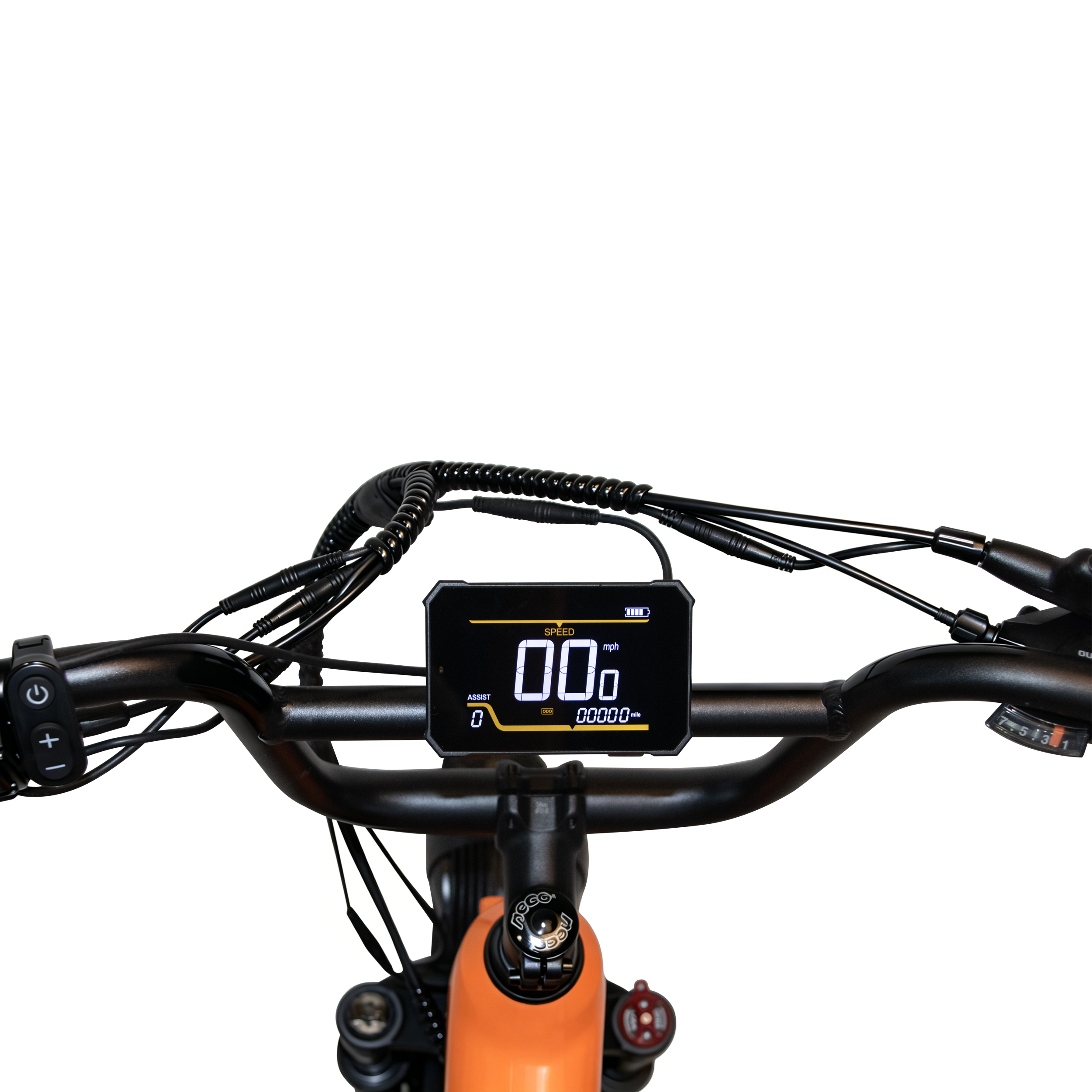 Ein E-Bike-Lenker mit digitaler Anzeige, die Geschwindigkeit, Assistenzstufe und Kilometerstand anzeigt.