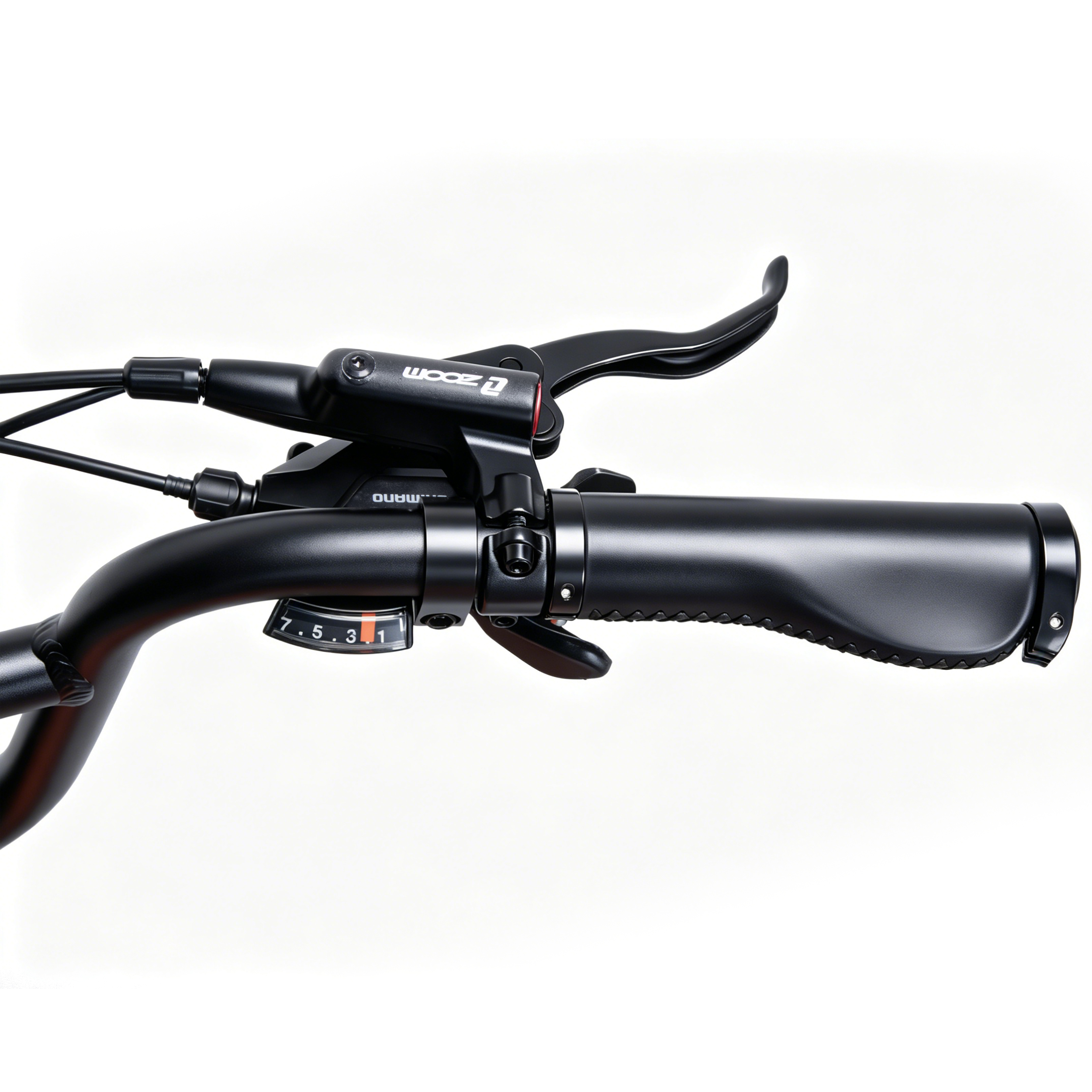 Schwarzer Fahrradlenker mit Griff, Bremse und Gangschaltung.
