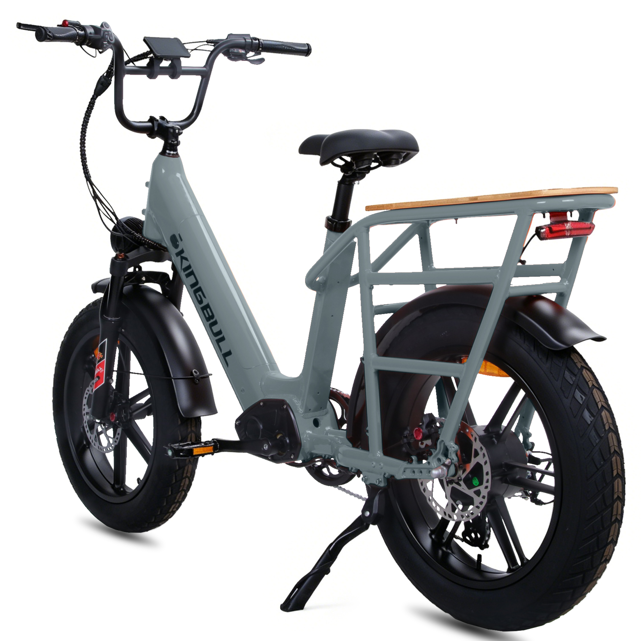 Graues Elektrofahrrad mit breiten Reifen, Gepäckträger und Holzplattform.