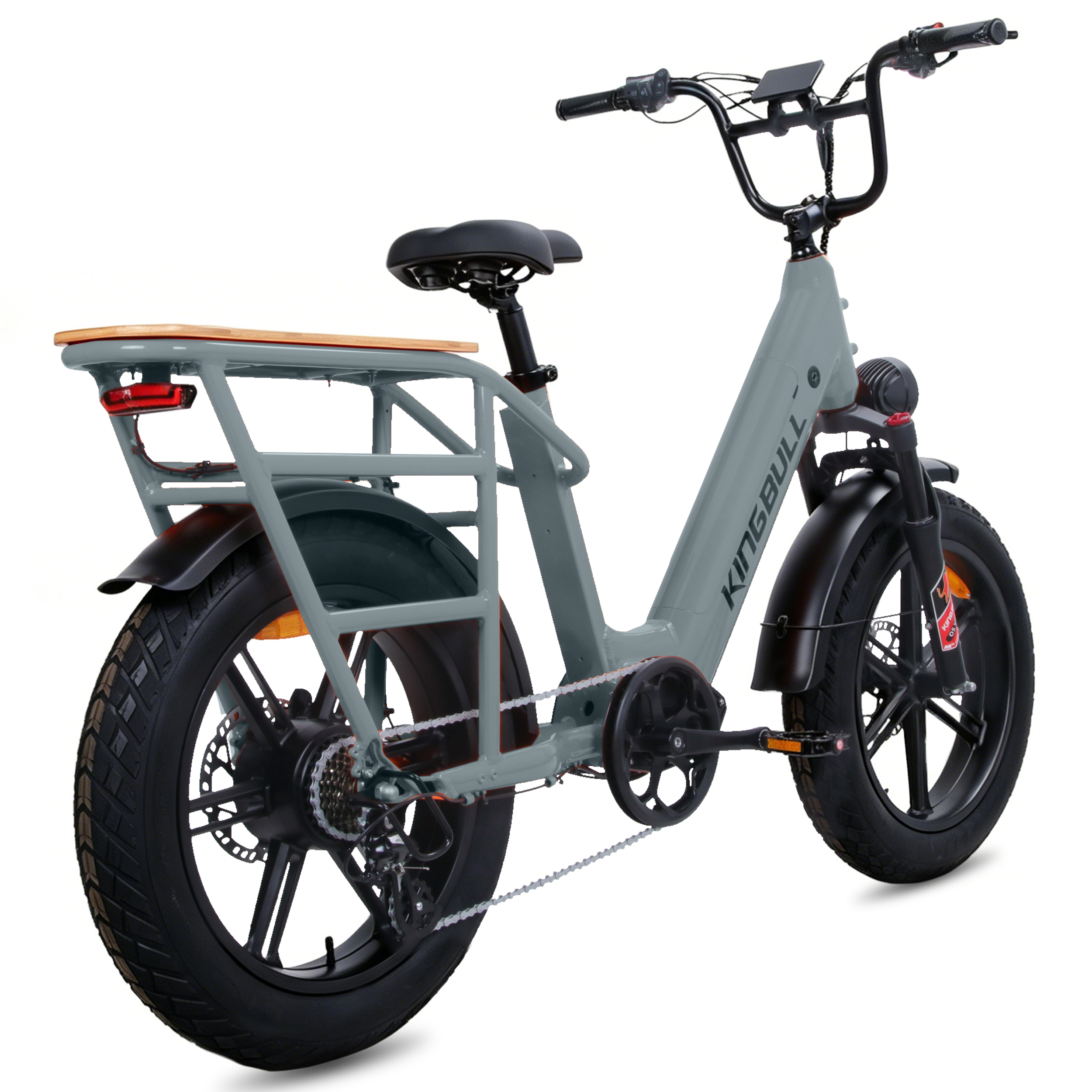 Graues E-Bike mit Gepäckträger, breiten Reifen und Holzplatte.