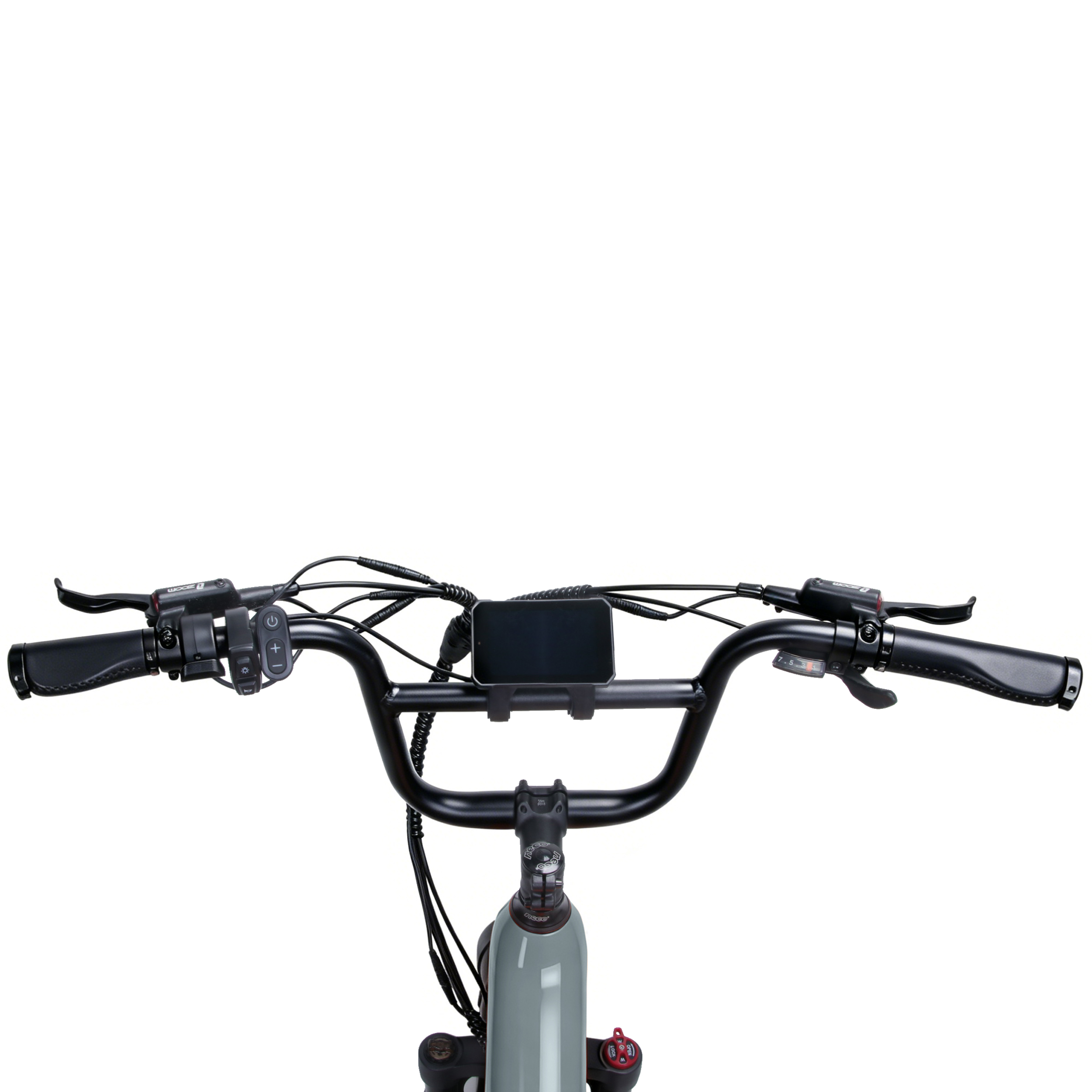 Lenker eines E-Bikes mit Display, Griffen, Bremsen und Bedienelementen.