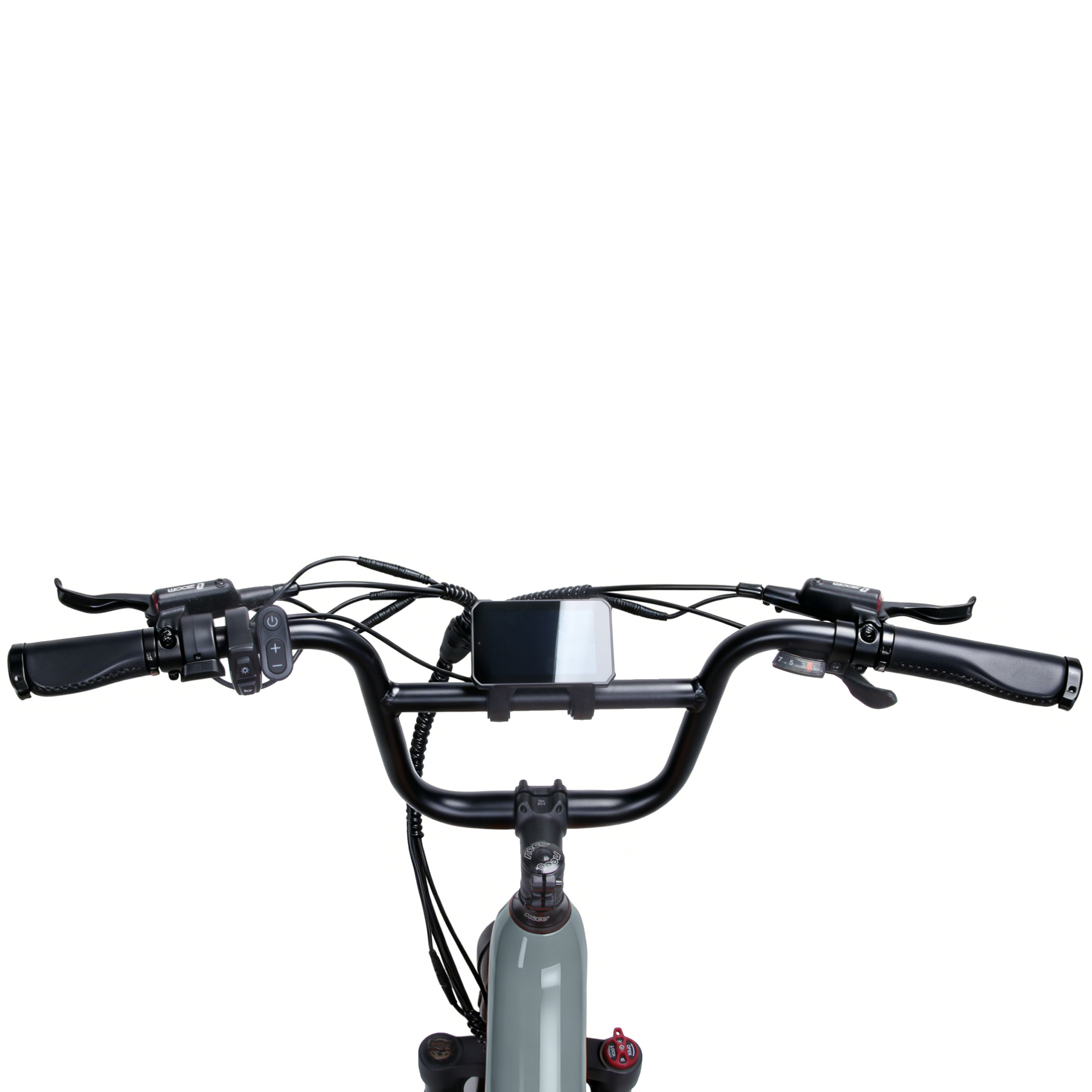 Lenker eines E-Bikes mit Griffen, Bremsen, Schalter und Display.