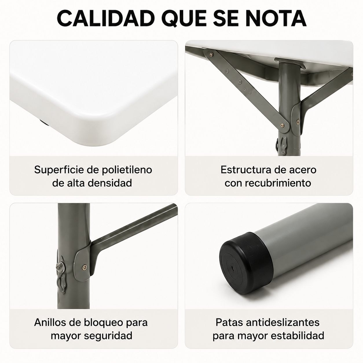 Una mesa con detalles: superficie, estructura de acero, anillos de bloqueo, patas.