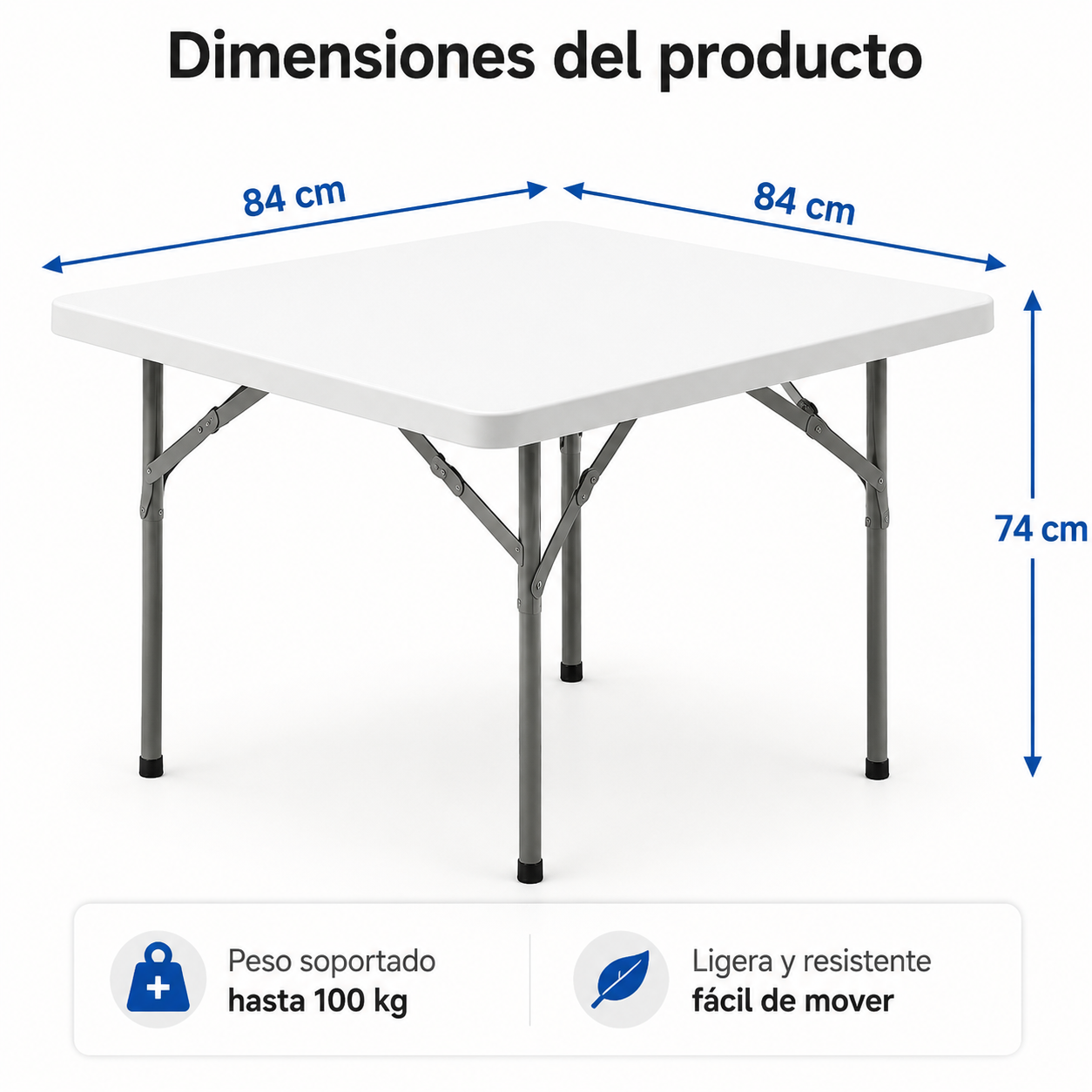 Mesa plegable blanca de 84x84x74 cm, soporta hasta 100 kg.