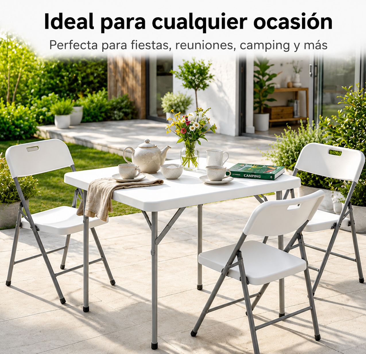Una mesa plegable blanca con cuatro sillas y vajilla al aire libre.