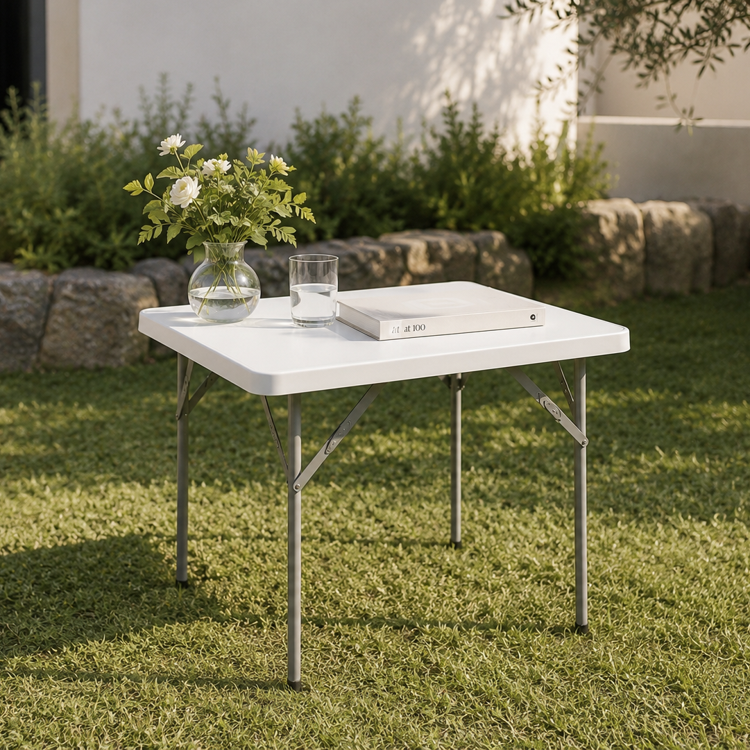 Una mesa blanca sobre césped, con flores, un vaso de agua y un libro.